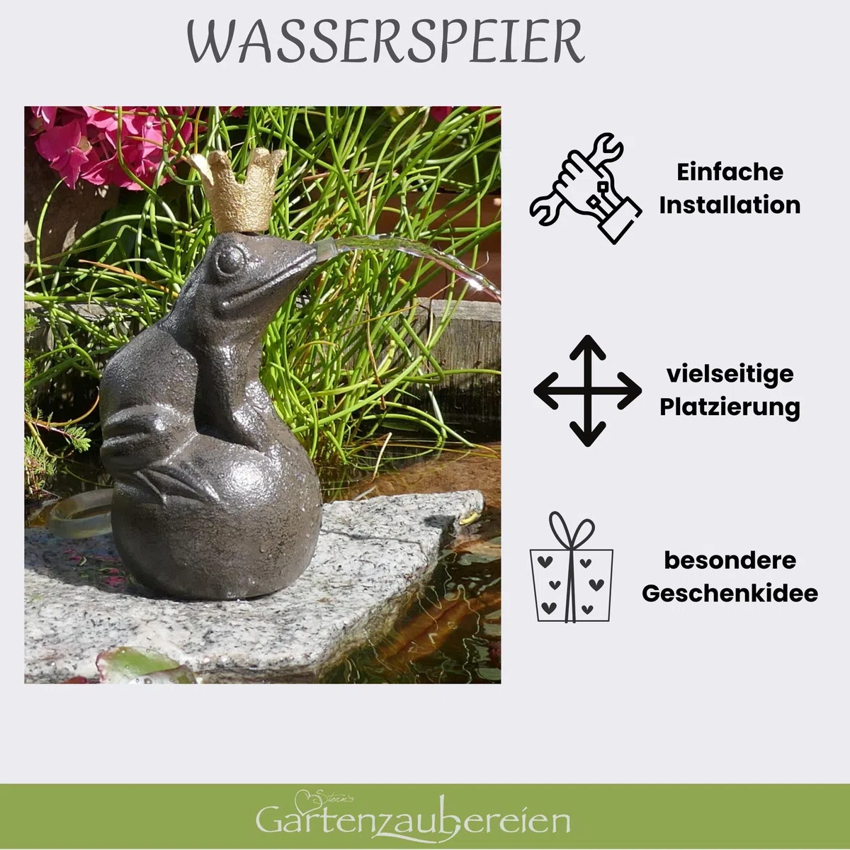 Storm's Gartenzaubereien Wasserspeier Frosch aus Gusseisen mit Akku Solarpumpe 16cm Laufzeit ohne Sonne 4-5 Stunden