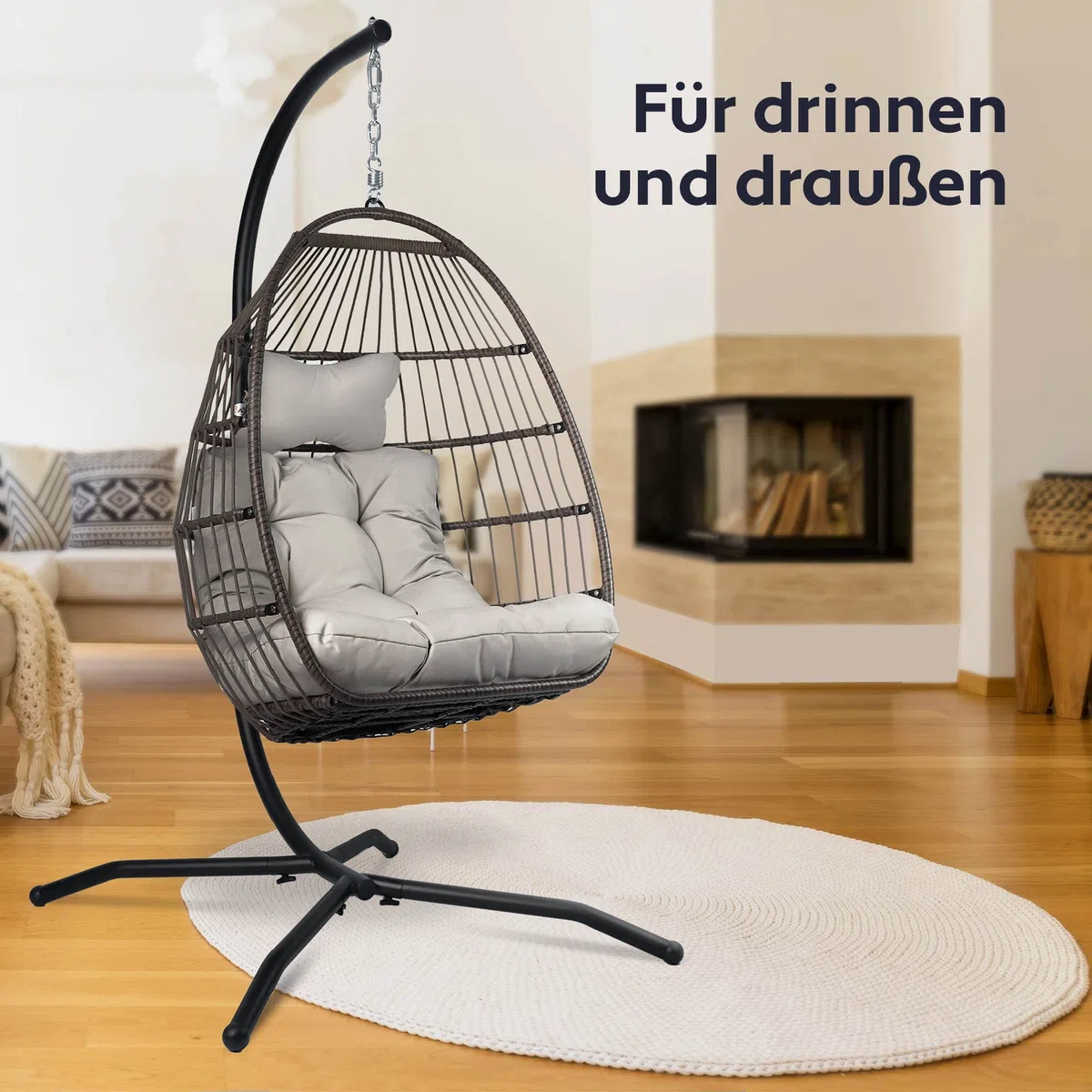 VITA5 Hängesessel mit Gestell - Bequemer Hängekorb Sessel - Rattan Hängesessel Outdoor und Indoor - Boho Egg Schaukel für Terrasse&Leseecke - 150 kg Tragkraft (Grau)