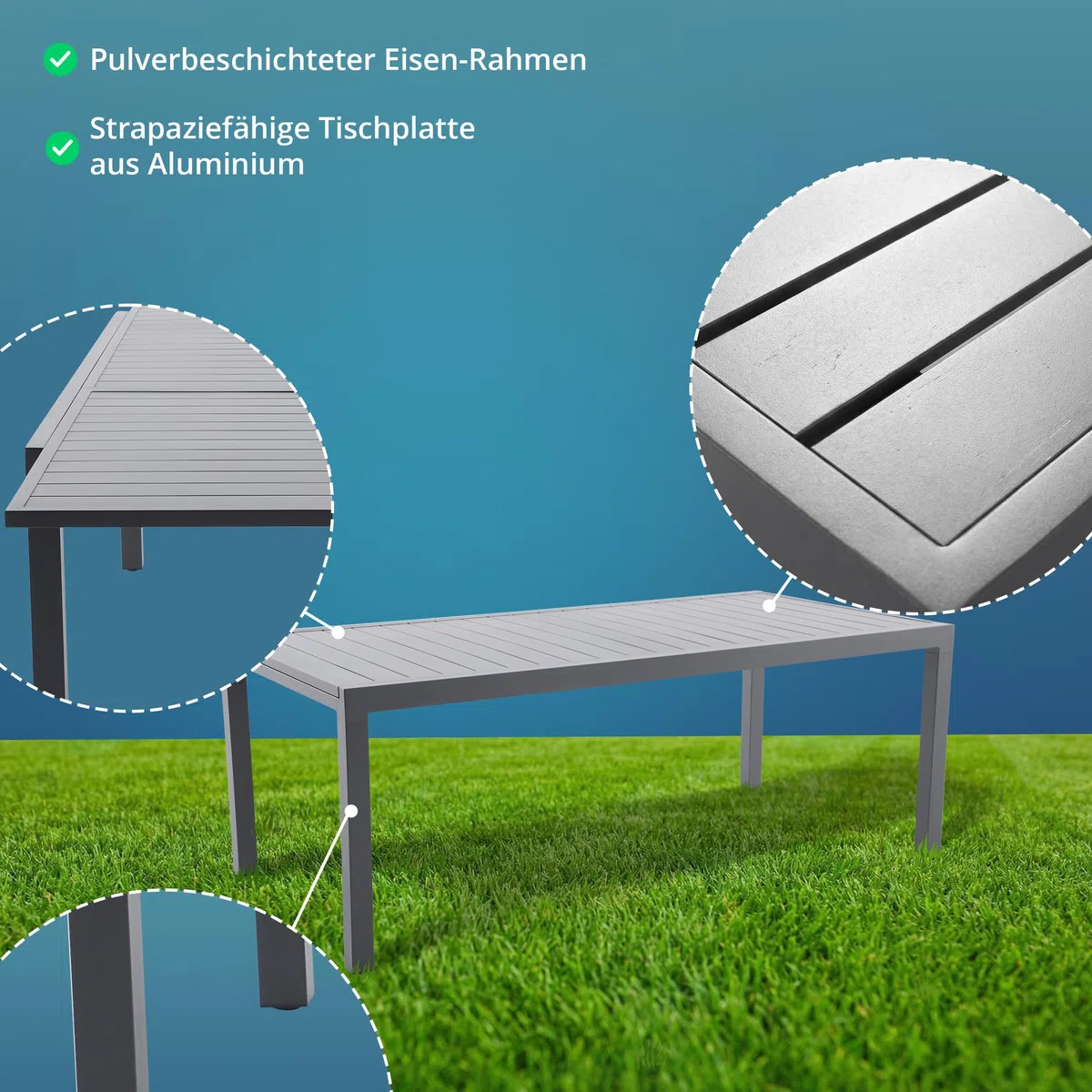 KHG Gartentisch ausziehbar Grau, Ausziehtisch aus Eisen-Gestell und Aluminium Tischplatte für 10 Personen, wetterfest UV-beständig, 100x75x203-320 cm