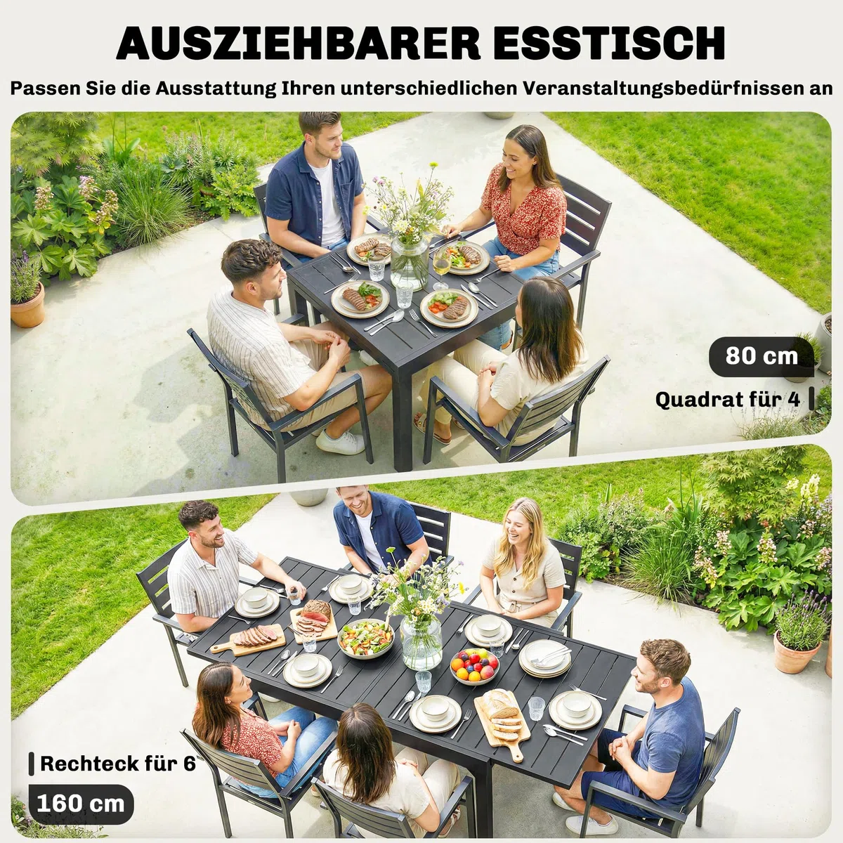Outsunny Gartentisch Ausziehbarer 80/160 x 80 cm Aluminium Esstisch für 4-6 Personen, Rechteckiger Balkontisch mit Lamellenplatte, Wetterfest Terrassentisch für Garten, Terrasse Balkon Schwarz