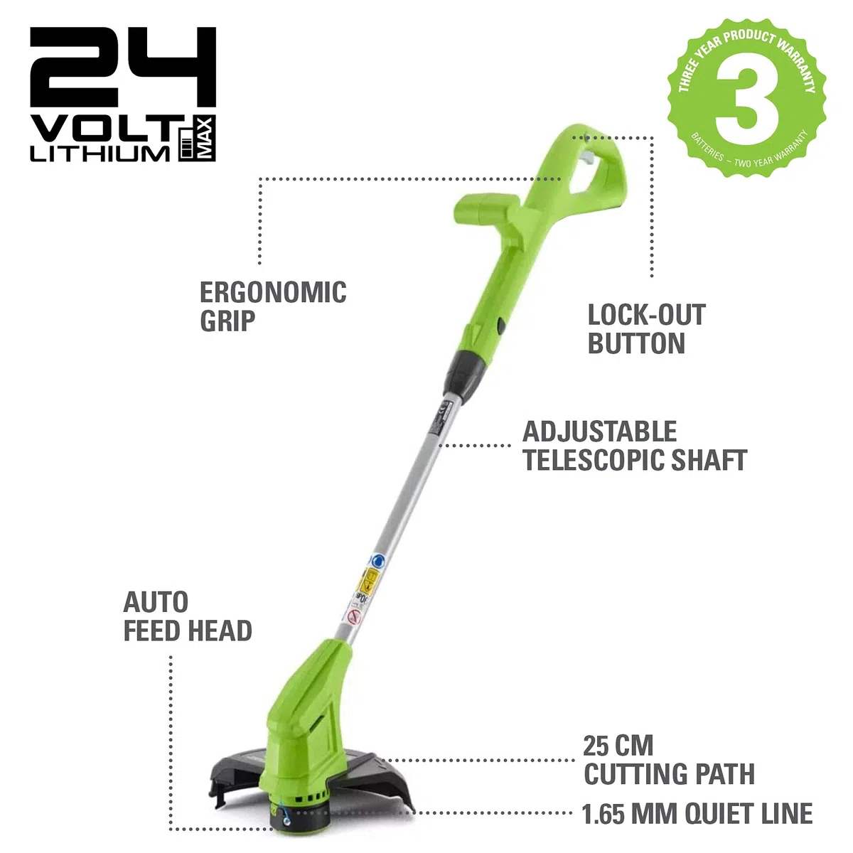 Greenworks Akku-Rasentrimmer 24V 25cm ohne Akku und Ladegerät, 1,65mm Fadendurchmesser, Automatischer Fadenvorschub, Dreh und Neigbarer Motorkopf G24LT