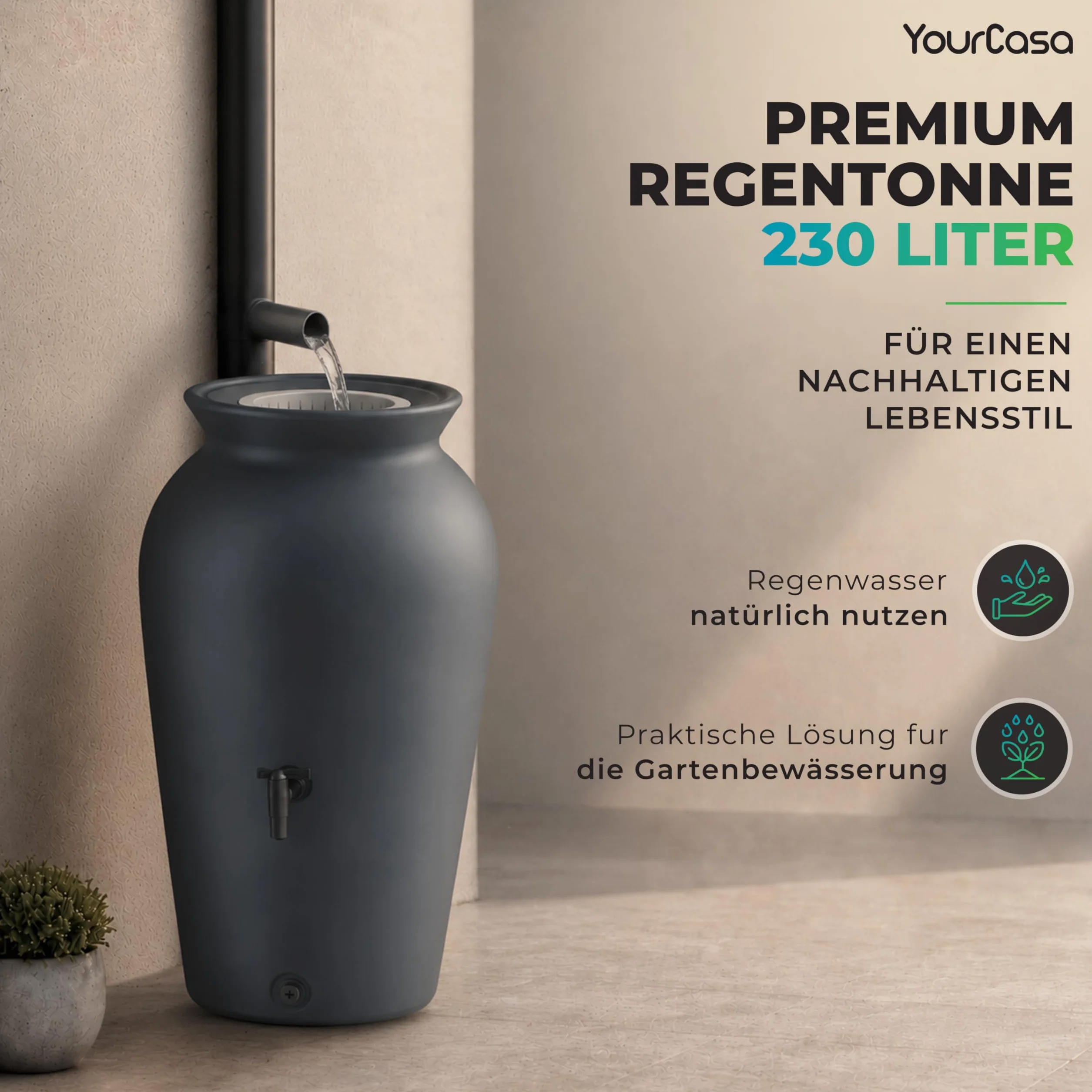 YourCasa Regentonne 120-230 Liter [DropCatcher] mit Filterkorb & Wasserhahn - Regenfass Frostsicher Kunststoff - Regenwassertonne - Regenwassertank Garten Wassertank Regensammler (Anthrazit, 230L)