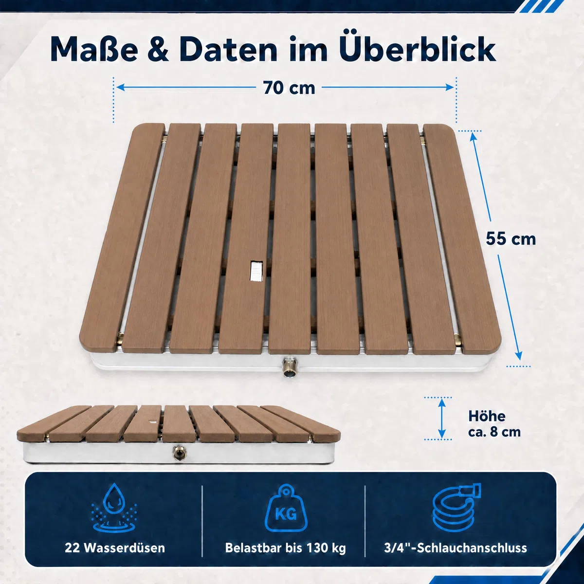 @tec Gartendusche, 70 x 55 cm, Bodendusche für Garten, Pool & Camping, WPC-Bodenplatte mit 22 Fontänen, Fußventil mit Stellrad, 3/4-Zoll Schlauchanschluss, mobil, bis 120 kg