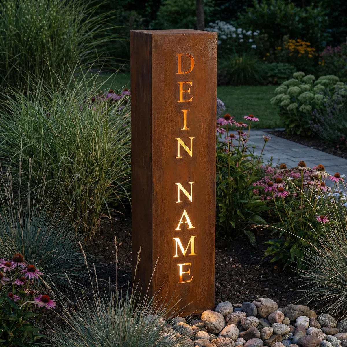 Rostikal Cortenstahl Säule 100 cm – Personalisierte Rostdeko mit Wunschname – Robuste Metall Stele für Garten, Haus & Eingangsbereich – Edelrost-Dekosäule