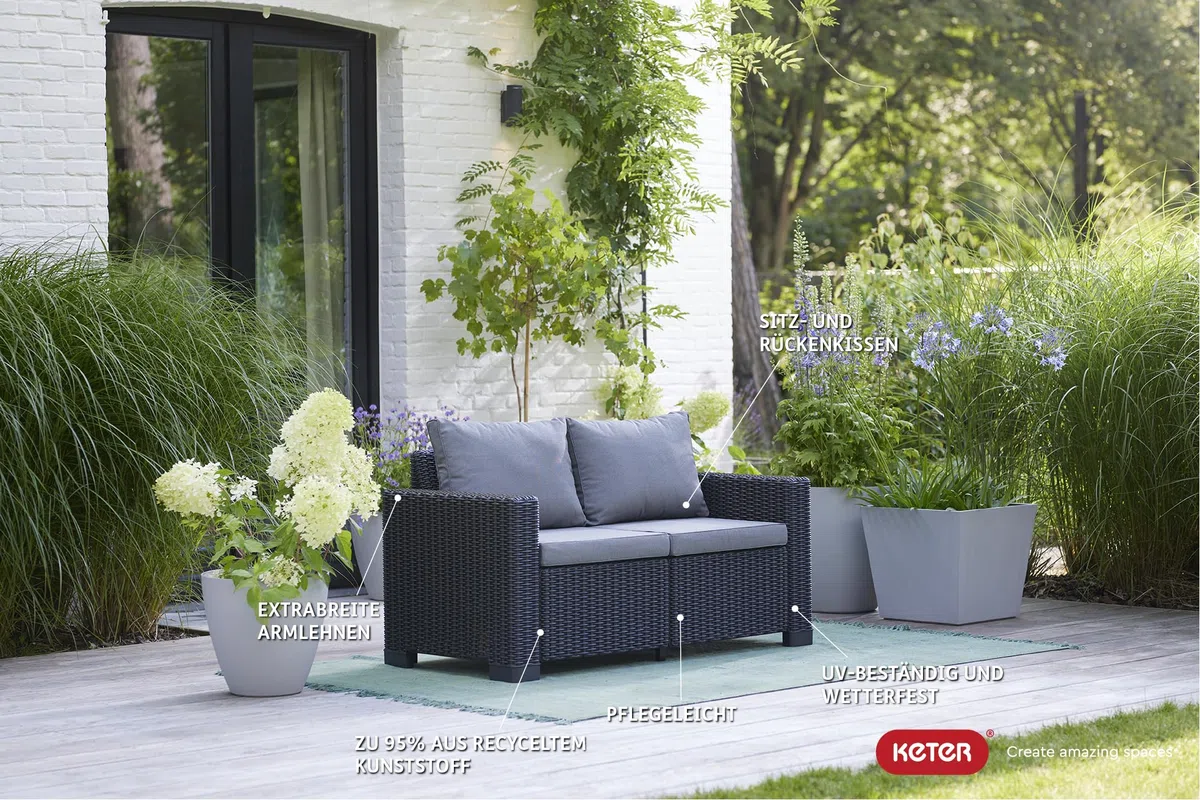 Allibert by Keter Gartenlounge Sofa California 2-Sitzer, graphit/cool grey, inkl. Sitz- und Rückenkissen, Kunststoff, runde Rattanoptik, 141x68x72 cm