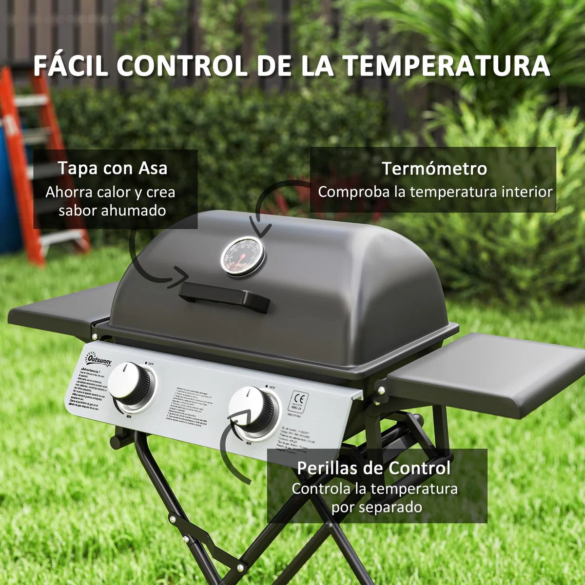 Outsunny Gasgrill mit 2 Edelstahlbrennern, 2,8 kW, tragbarer Grill, zusammenklappbar, mit Seitentischen, abnehmbarem Tablett, Thermometer und 2 Rollen für Picknick, Camping, 101 x 50 x 102 cm, Schwarz