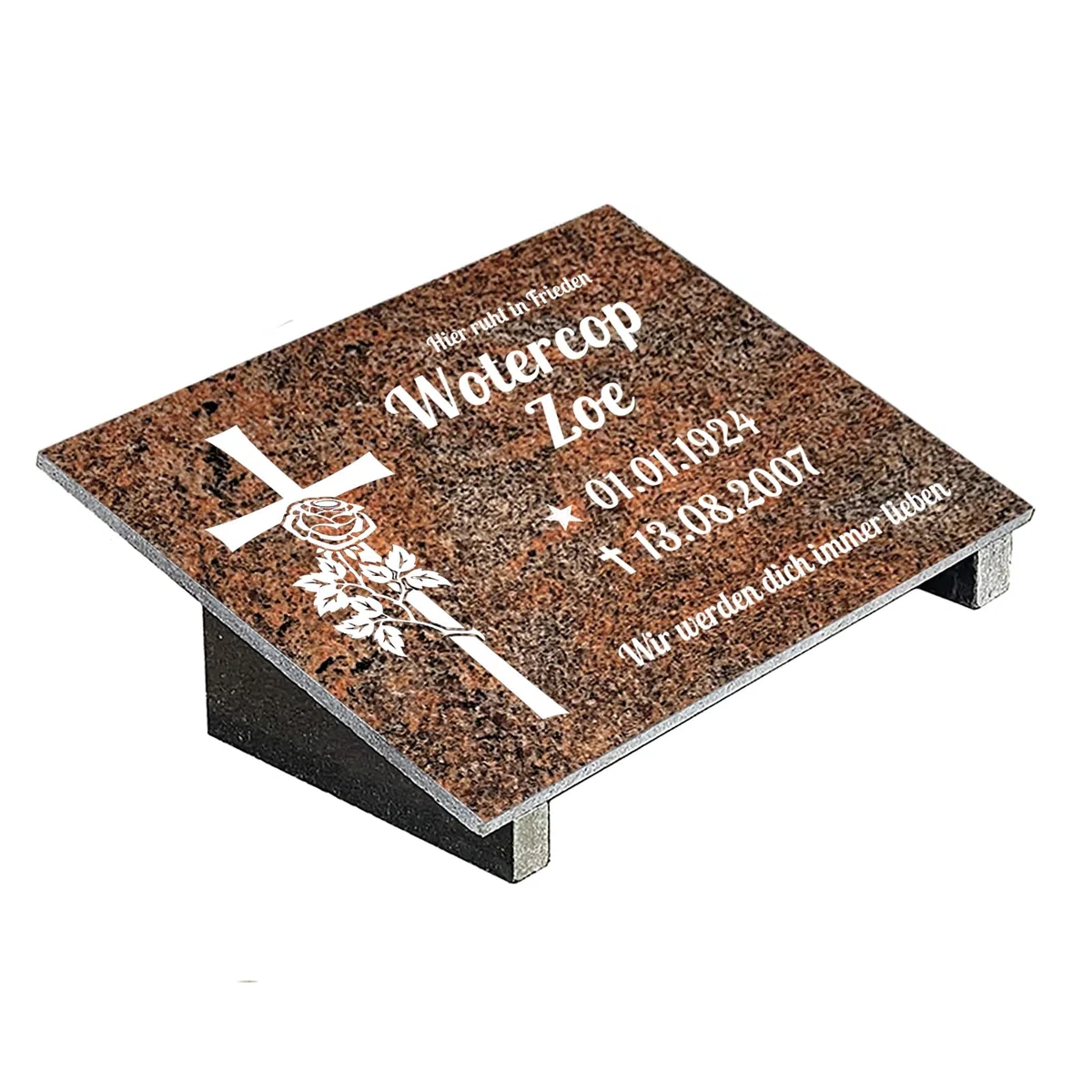 Grabplatte mit Inschrift aus Granit Multicolor Rot, personalisierbar Gedenktafel für Urnengrab, Wählmotiv, Grabstein für 1-2 Pers., Urnengrabstein (Multicolor Rot, 30x40cm mit Stützen, Kreuz)