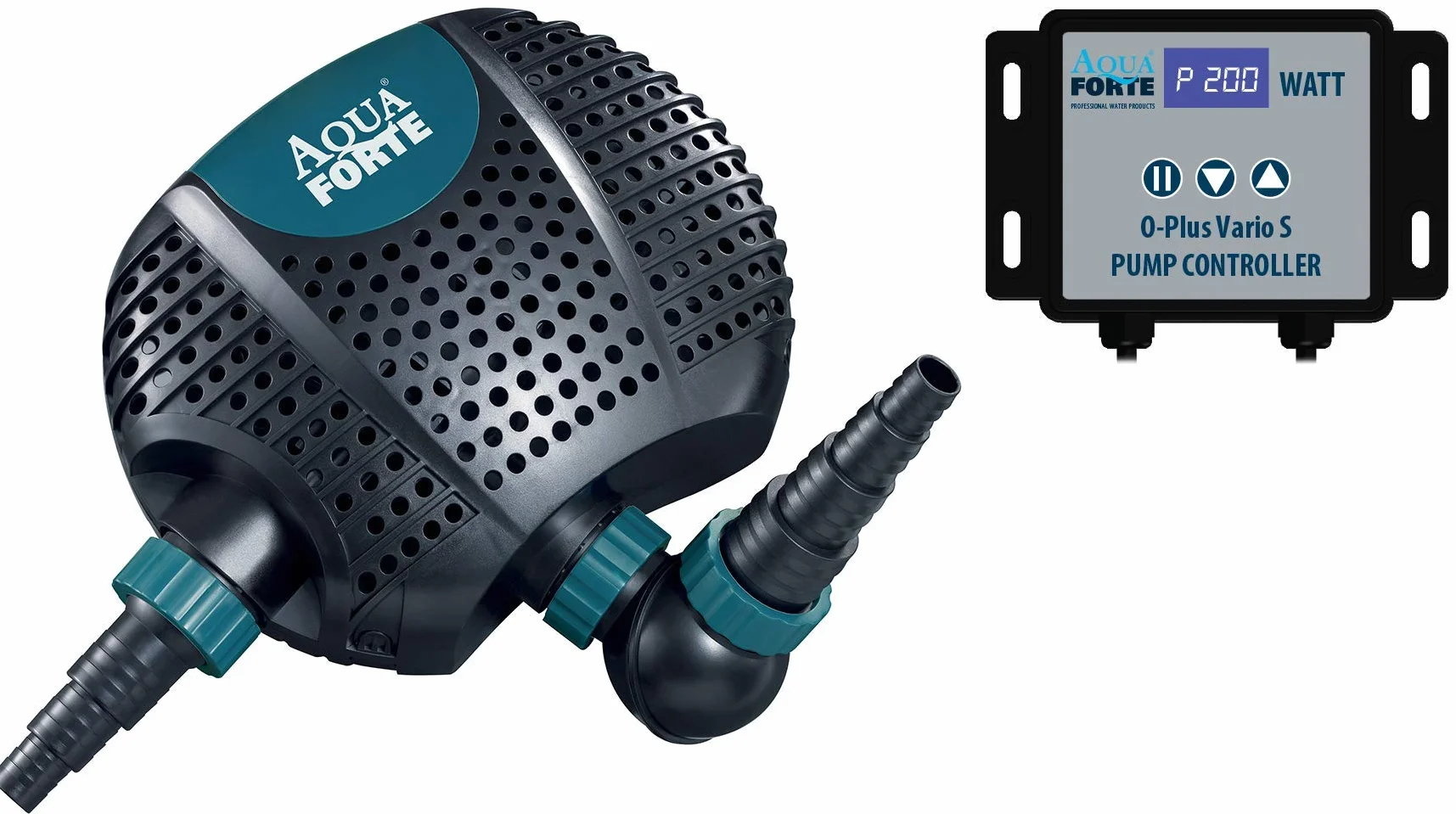 AquaForte O-Plus Vario 10.000 S, mit externer Steuerung, Durchfluss 6 bis 10 m3/ Stunde, Maximale Förderhöhe 5.5 m, 34-85 Watt, Zulauf 1½ zoll + 2 zoll, Ablauf 2 zoll, mit Trockenlaufschutz
