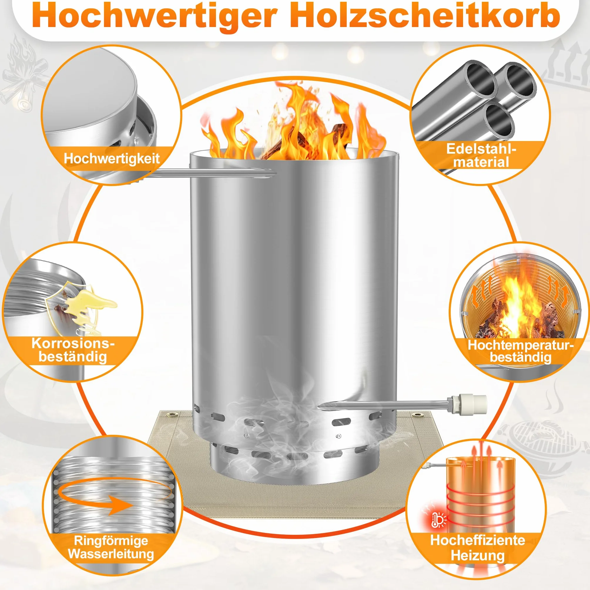 Aufun Brennholz Edelstahl Poolheizung Feuertonne Mit Heizspirale Schwimmbadheizung mit Ø 32-38 mm Anschlüsse und Eingebaute Spiralerohr Poolofen Heizungen mit Feuerfestmatten(1 Stück)