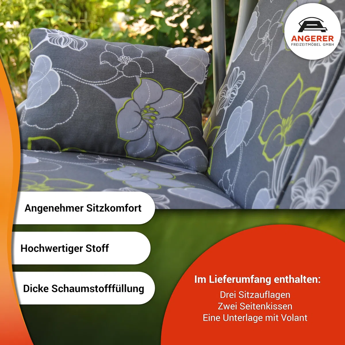 ANGERER Hollywoodschaukel Auflage Comfort – Ersatzauflage für 3-Sitzer Gartenschaukel – Polster für Schaukel zum Sitzen, Liegen & Entspannen, Made in Germany, hochwertiger Stoff, Grau-Grün geblümt
