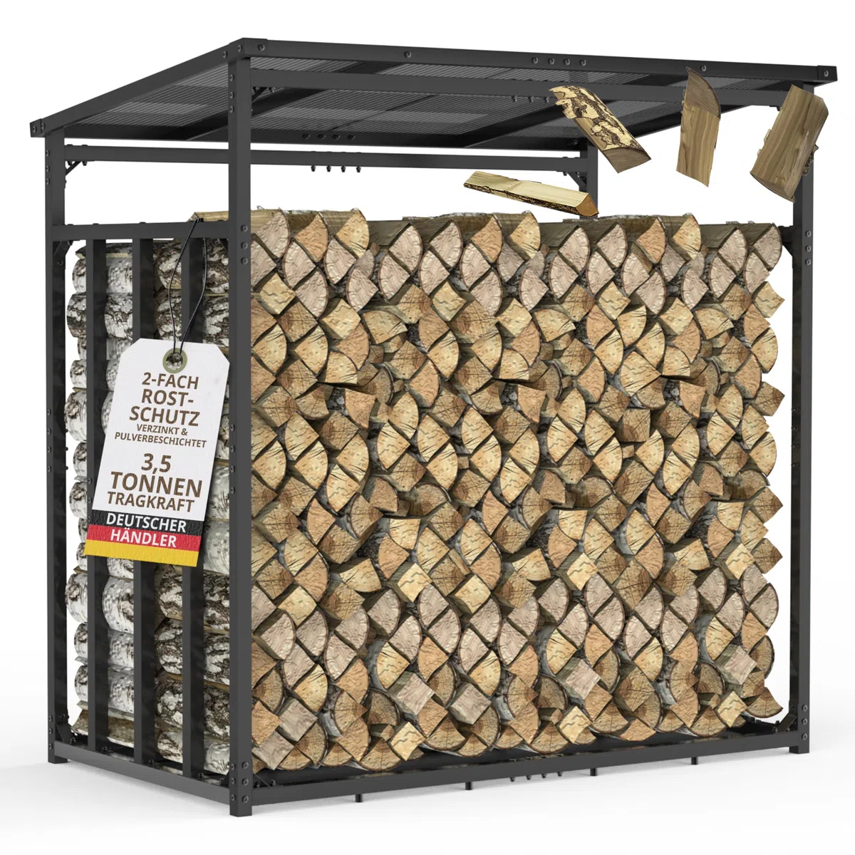 LAWA Kaminholzregal Metall mit Dach 185x105x185 verzinkt | 3,5t Tragfähigkeit, 1m tief, Brennholzregal außen, Stapelhilfe, Unterstand für Feuerholz, für 25cm Holzscheite