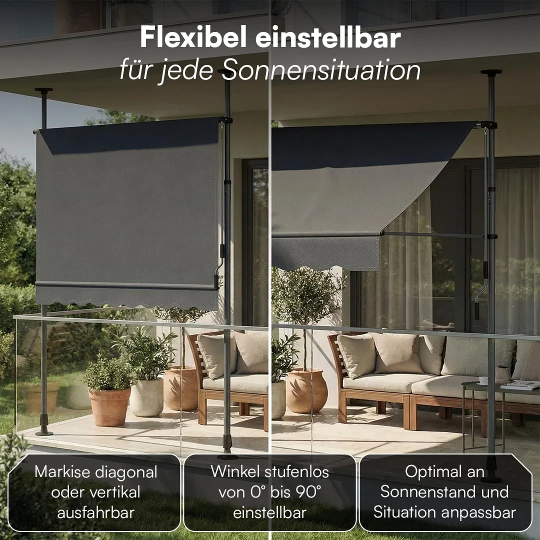 STEELSØN Dioran Klemmmarkise 300 cm breit – Markise Balkon ohne Bohren – Sonnenschutz UV50+ – Balkonmarkise zum Klemmen – Terrassenüberdachung wetterfest – Gartenmarkise höhenverstellbar in Anthrazit