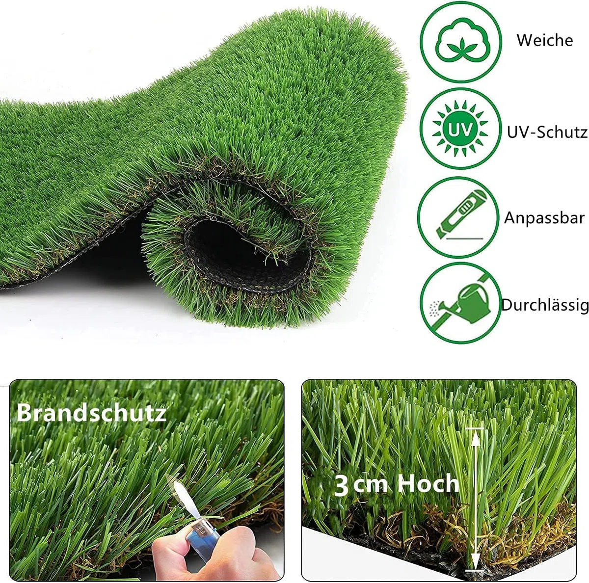 Nisorpa Kunstrasen 10x1m, Rasenteppich Outdoor 30 mm Höhe, Kunstrasenteppich Meterware Wasserdurchlässiger Kunstrasen Rolle Outdoor, Kunststoffrasen für Terrasse Balkon, Grün