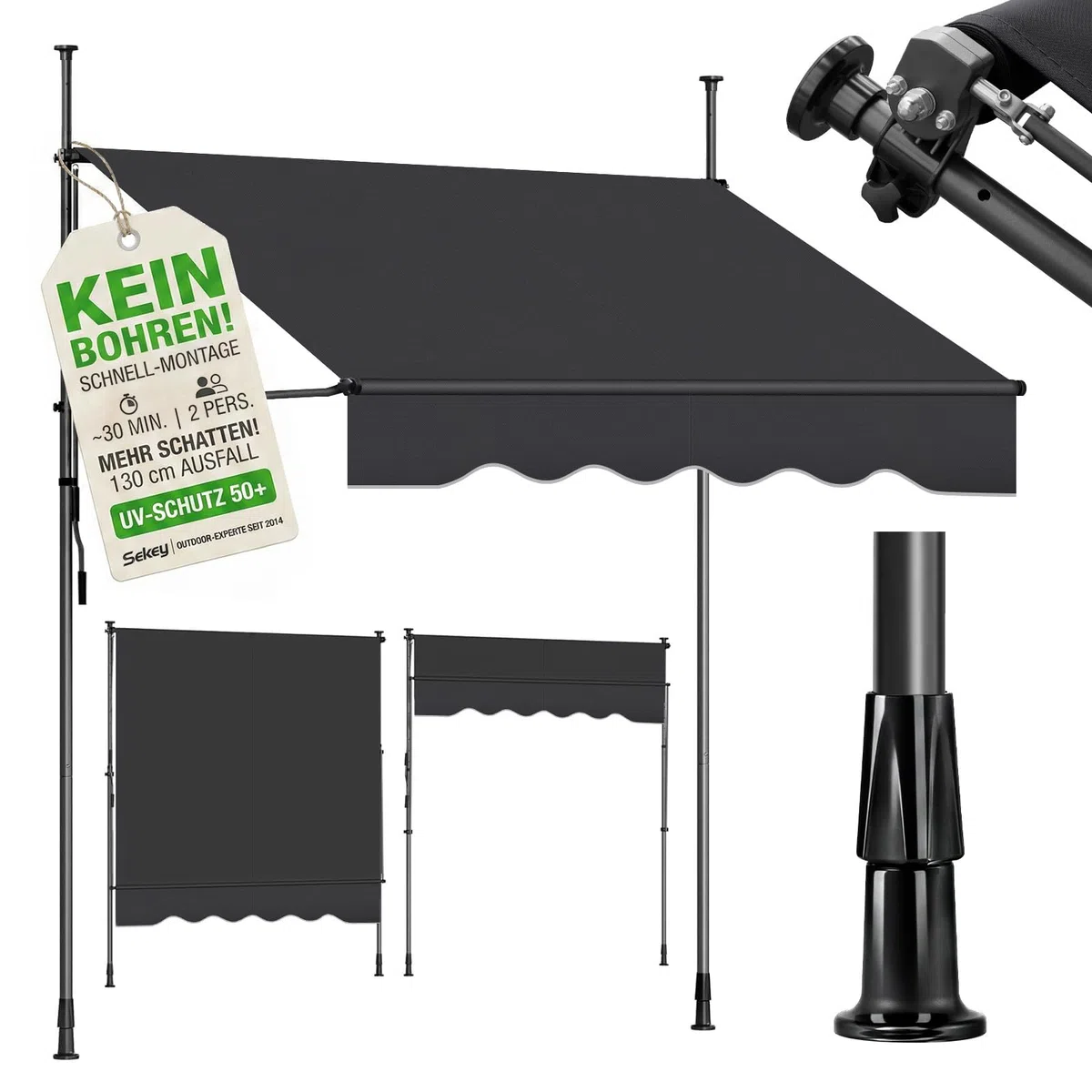 Sekey Klemmmarkise 300 cm breit, Markise Balkon ohne Bohren mit Handkurbel, 130 cm Ausfall, 0-90° neigbar, UV-beständiger Sonnenschutz & wasserdicht (280g/m²), für Balkon, Terrasse & Garten, Anthrazit