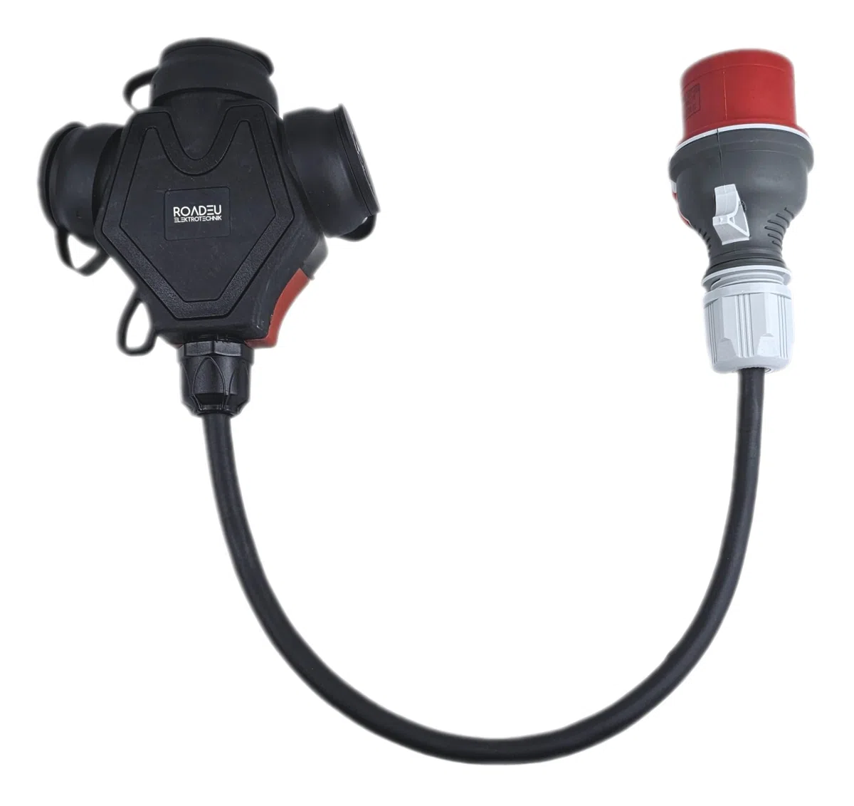 RoadEu CEE Starkstrom Adapter, CEE Stecker 32A, 380V auf 220V Adapter, 3X 220V Schuko Kupplung, 5x2,5mm Gummikabel 0,5 Meter. Adapter 32A auf 230V. Starkstrom Verteiler