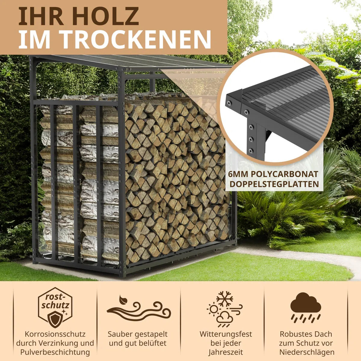 LAWA Kaminholzregal Metall mit Dach 185x105x185 verzinkt | 3,5t Tragfähigkeit, 1m tief, Brennholzregal außen, Stapelhilfe, Unterstand für Feuerholz, für 25cm Holzscheite
