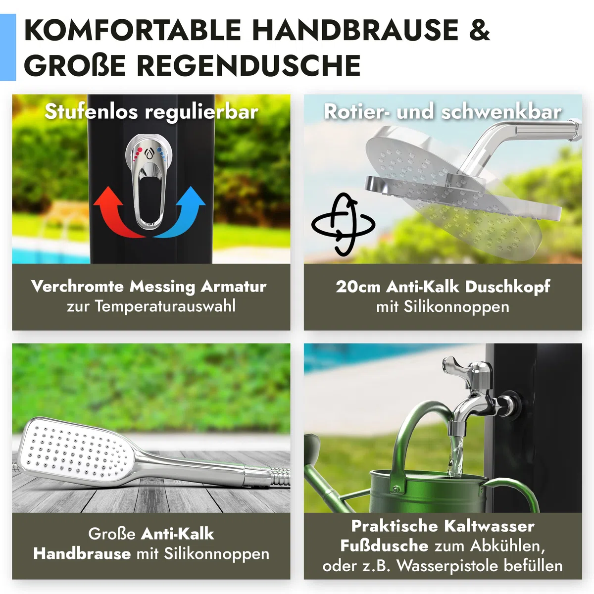 Solardusche Garten 35l Aussendusche mit Handbrause | 20cm Duschkopf Antikalk Noppen Fußdusche Tank Gartendusche mit Regler Pool Dusche Draußen Warm Kalt Energie sparen