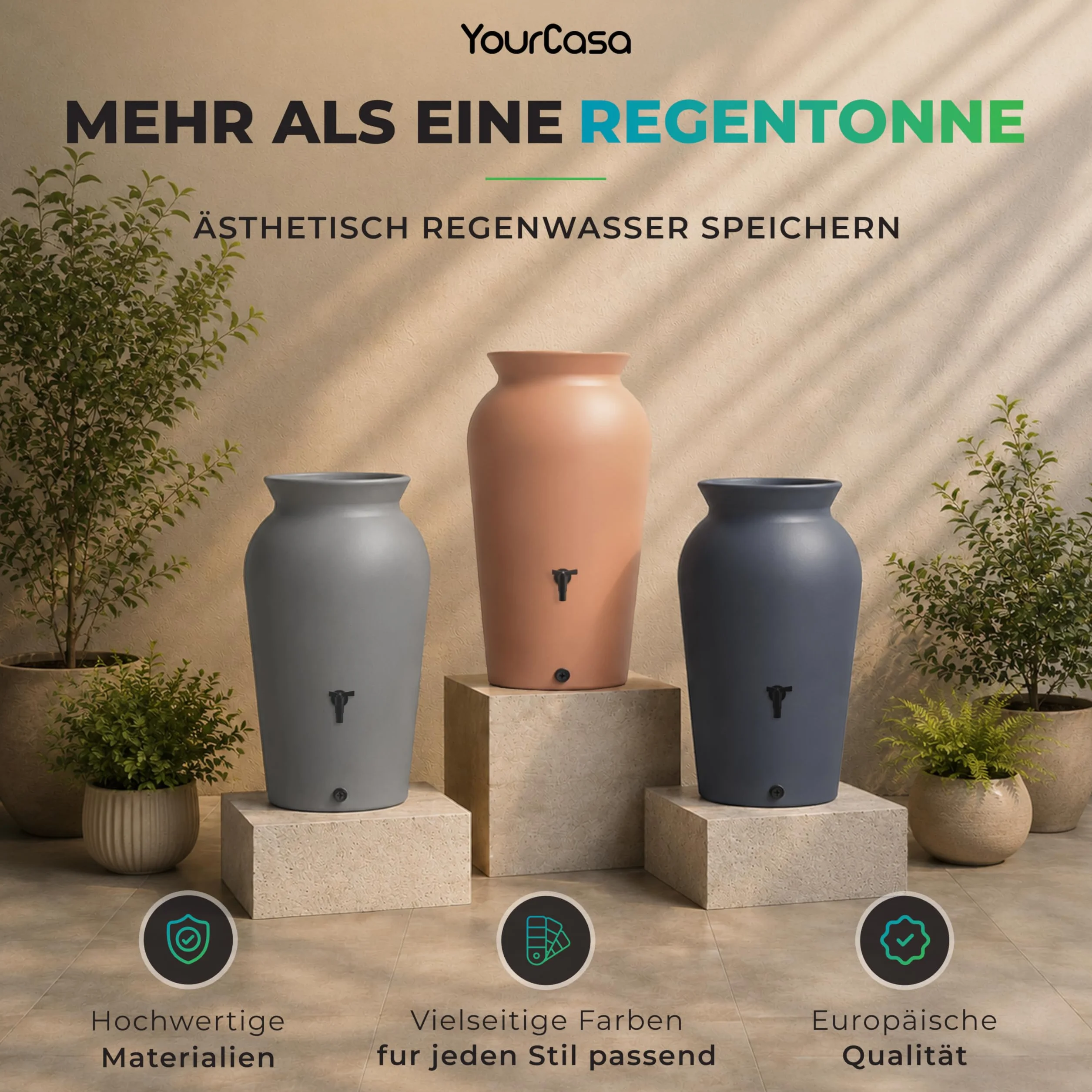 YourCasa Regentonne 120-230 Liter [DropCatcher] mit Filterkorb & Wasserhahn - Regenfass Frostsicher Kunststoff - Regenwassertonne - Regenwassertank Garten Wassertank Regensammler (Anthrazit, 230L)