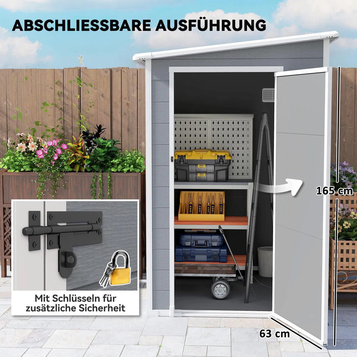Outsunny Gerätehaus 1,54m³, Gartenhaus mit Pultdach, Boden 122 x 149 x 192/177 cm, wetterfest Geräteschuppen mit Abschließbar Tür, Fenster, Gartenschrank aus Kunststoff, für Hinterhof, Garten, Grau