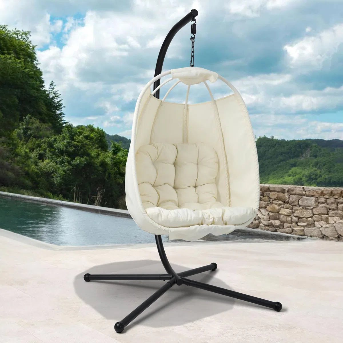 SVITA Nelly Hängesessel mit Gestell Loungesessel Hängesitz Hängestuhl klappbar Hängekorb Hängeschaukel Outdoorsessel Beige