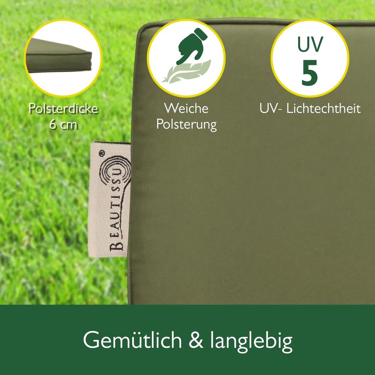 Beautissu Hollywoodschaukel 3 Sitzer Polsterauflagen 2er Set Sitzkissen & Rückenkissen 180x50cm – Waschbare Outdoor Auflage für Hollywoodschaukel Sitzpolster Olivgrün mit Reißverschluss – Loft HS