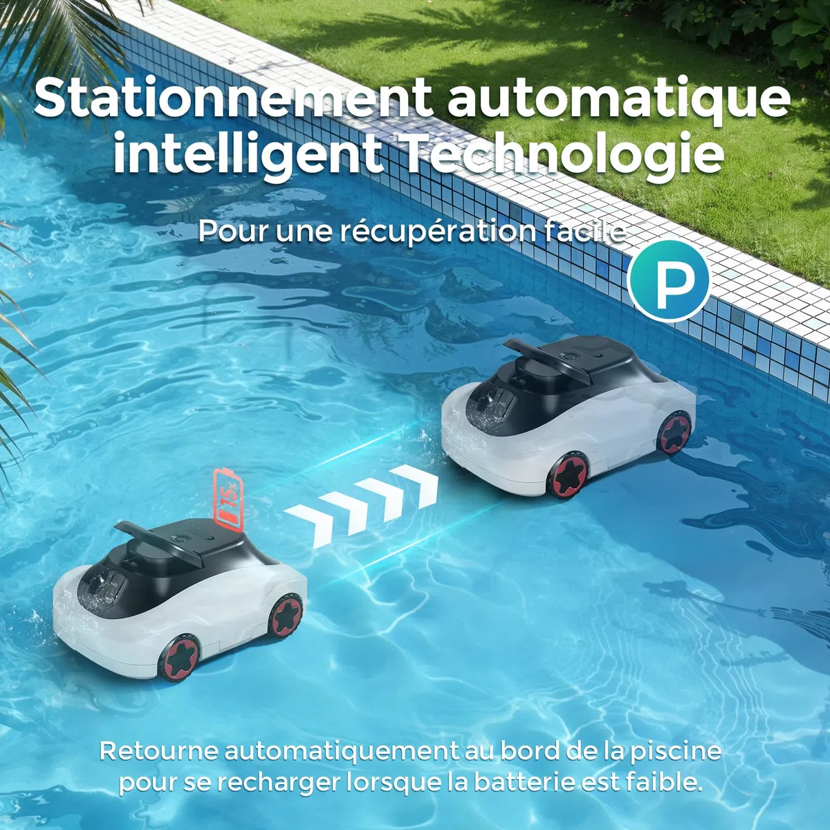 Poolroboter, Kabelloser Poolsauger Akku, Akku Poolroboter Kabellos, 180 Min Laufzeit, Starke Saugkraft, Intelligente Navigation, Ultrafeine Filtration, Auto-Parking, Poolsauger für Aufstellpool 200m²