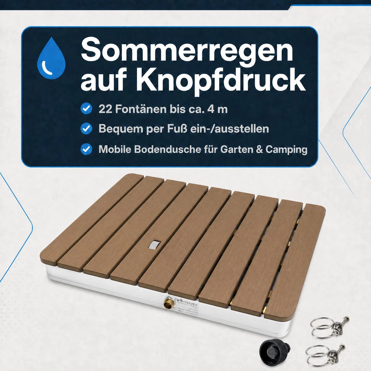@tec Gartendusche, 70 x 55 cm, Bodendusche für Garten, Pool & Camping, WPC-Bodenplatte mit 22 Fontänen, Fußventil mit Stellrad, 3/4-Zoll Schlauchanschluss, mobil, bis 120 kg