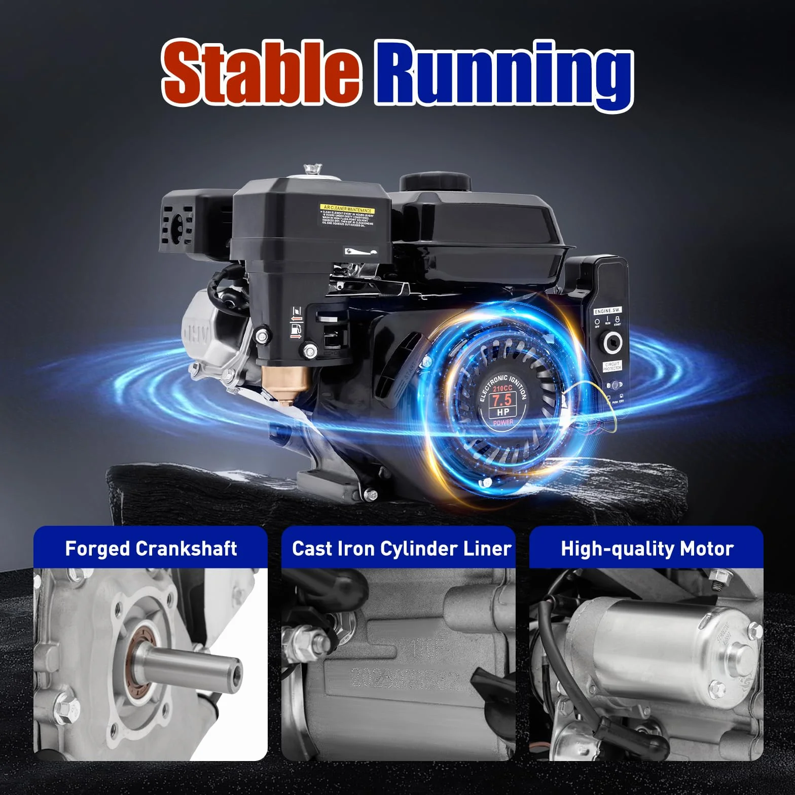 7,5 PS 212CC 4-Takt Benzinmotor mit E-Starter, Kartmotor, Standmotor, Industriemotor, 3600 U/min, 20mm Welle, Ölmangelschutz, für Go-Karts, Mikrotillern, Reinigungsmaschinen