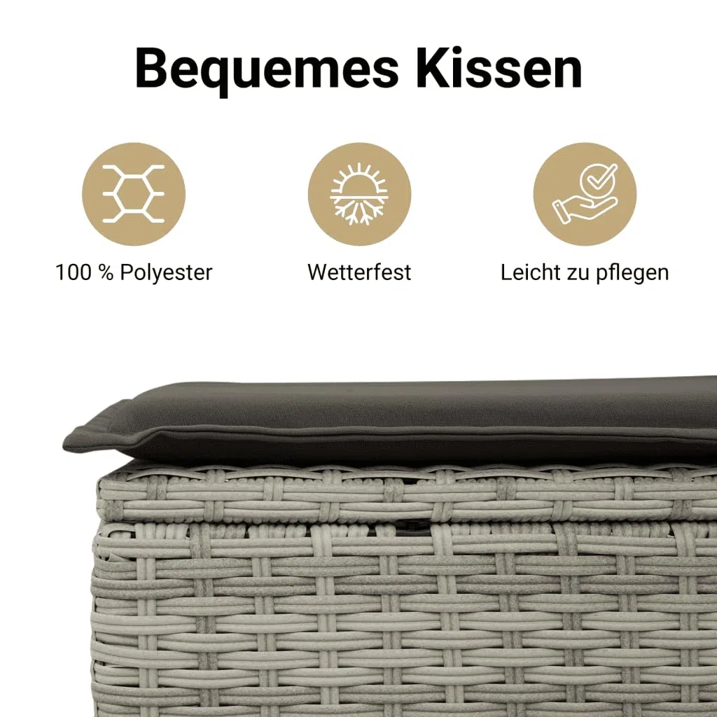vidaXL Gartensofa mit Kissen 3-Sitzer, Sofa mit Staufach unter Sitzfläche, Terrassensofa mit abnehmbarem waschbarem Bezug, Gartenmöbel Terrassenmöbel, Hellgrau Poly Rattan
