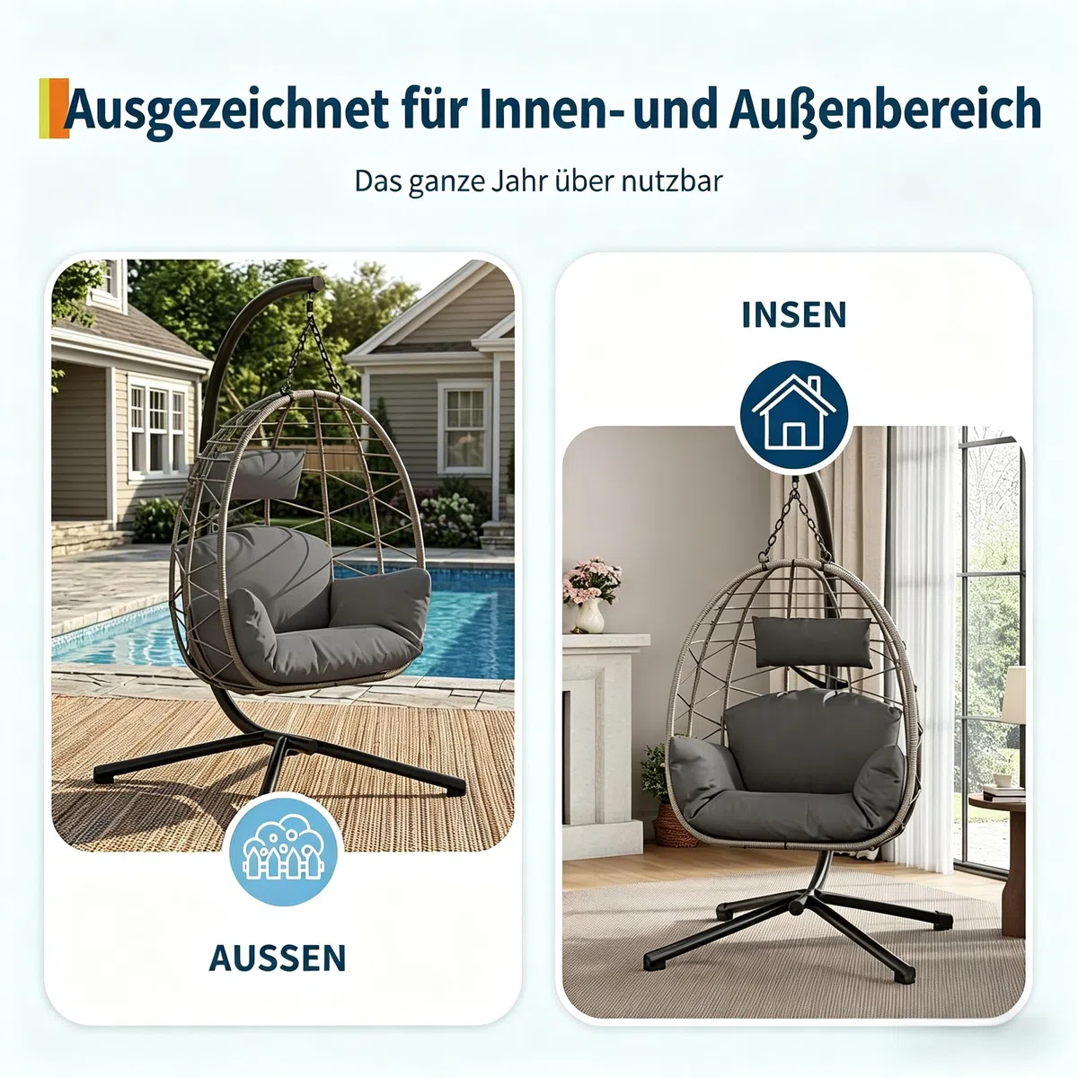 Hängesessel mit Gestell, wetterfestes PE-Rattan mit Metallgestell, bis 150 kg belastbar, mit Polster und Schutzabdeckung, für Garten, Terrasse, Balkon, Wohnzimmer (Indoor & Outdoor), Grau