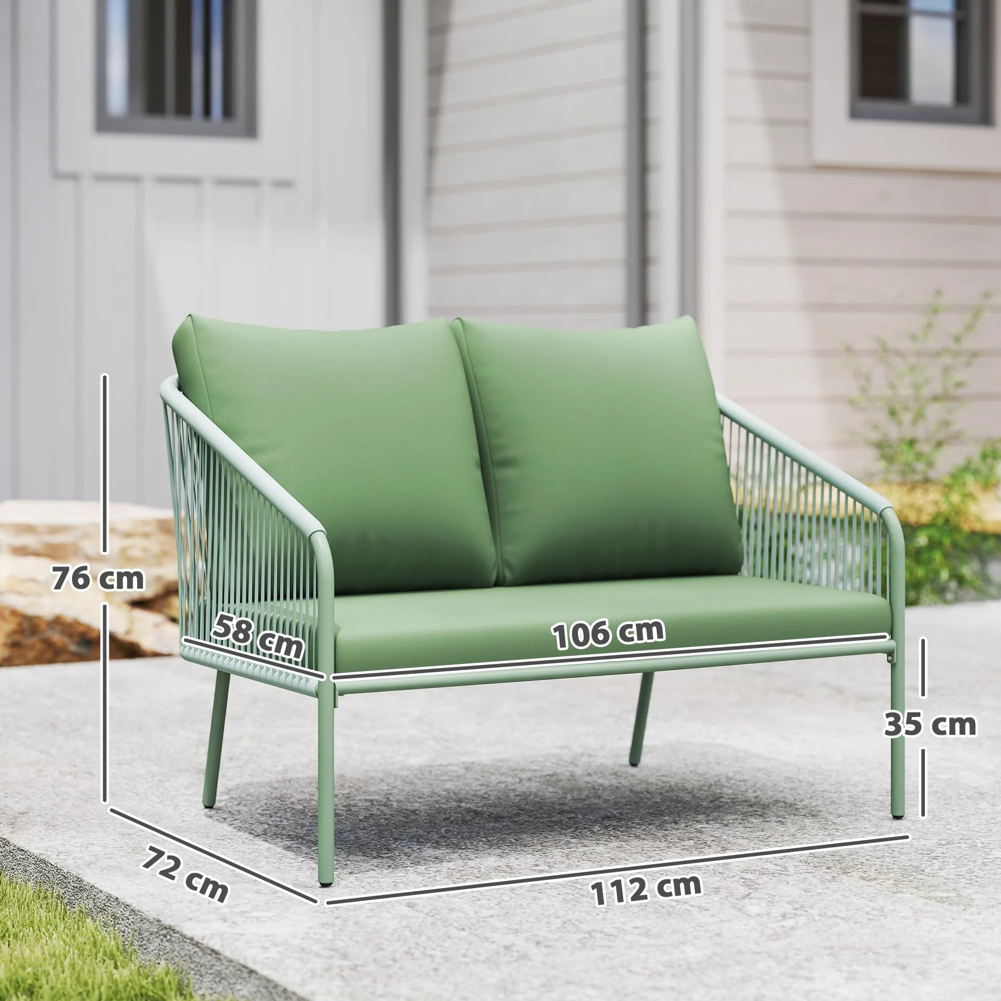 Outsunny Gartensofa 2-Sitzer Rattansofa mit Kissen Loungesofa Sitzgruppe, Wetterfest Couch für Garten Terrasse Balkon, Poly Rattan Grün