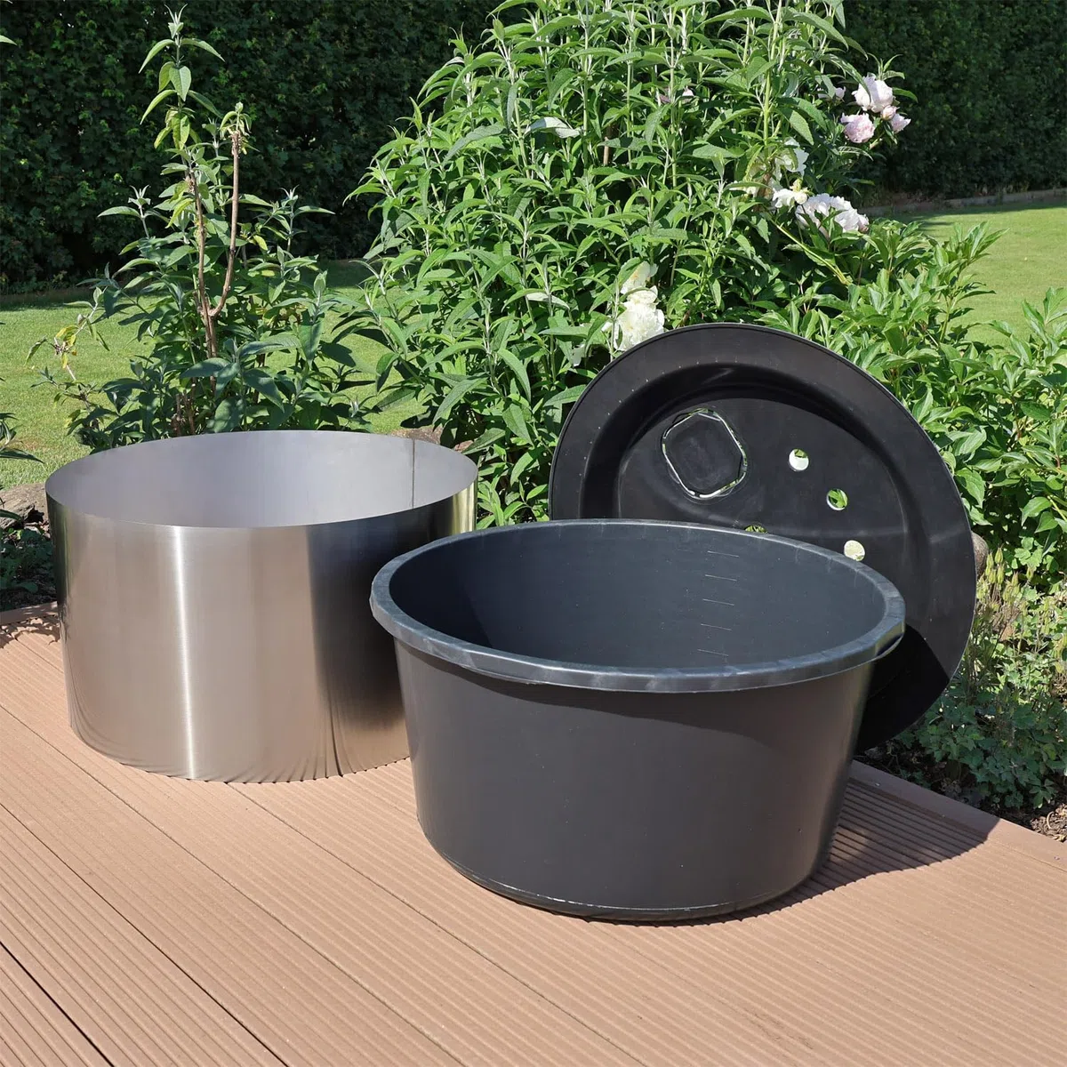 CLGarden Becken Set 90L ø 66cm mit Edelstahl Umrandung für Brunnen auf Terrasse Balkon Garten Springbrunnenbecken Brunnenbecken rund
