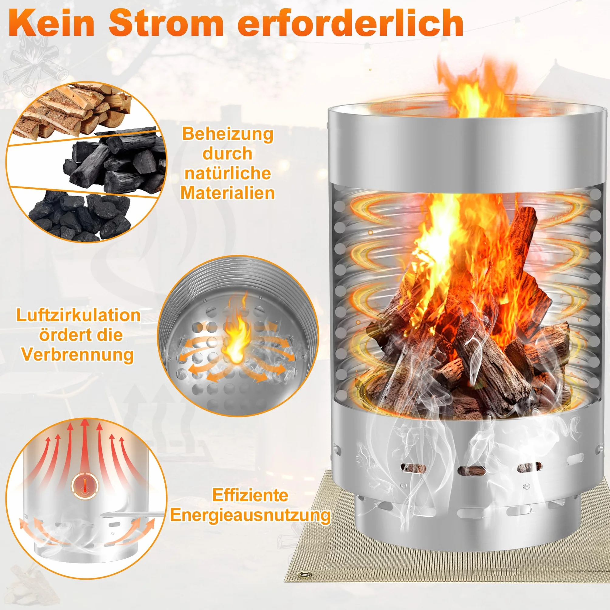 Aufun Brennholz Edelstahl Poolheizung Feuertonne Mit Heizspirale Schwimmbadheizung mit Ø 32-38 mm Anschlüsse und Eingebaute Spiralerohr Poolofen Heizungen mit Feuerfestmatten(1 Stück)