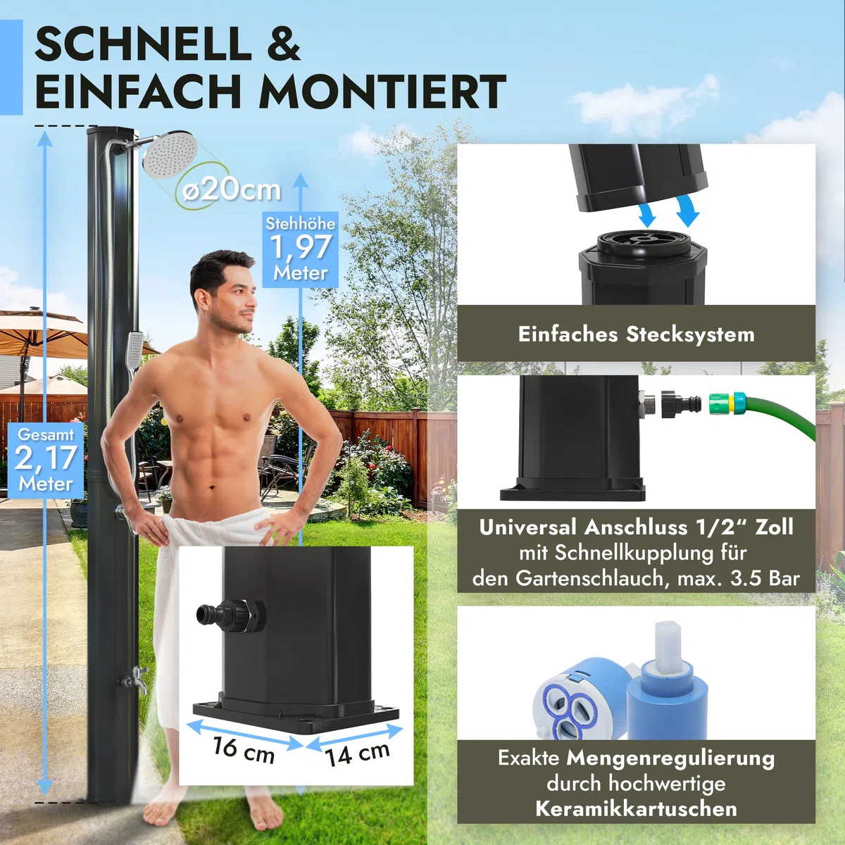 Solardusche Garten 35l Aussendusche mit Handbrause | 20cm Duschkopf Antikalk Noppen Fußdusche Tank Gartendusche mit Regler Pool Dusche Draußen Warm Kalt Energie sparen