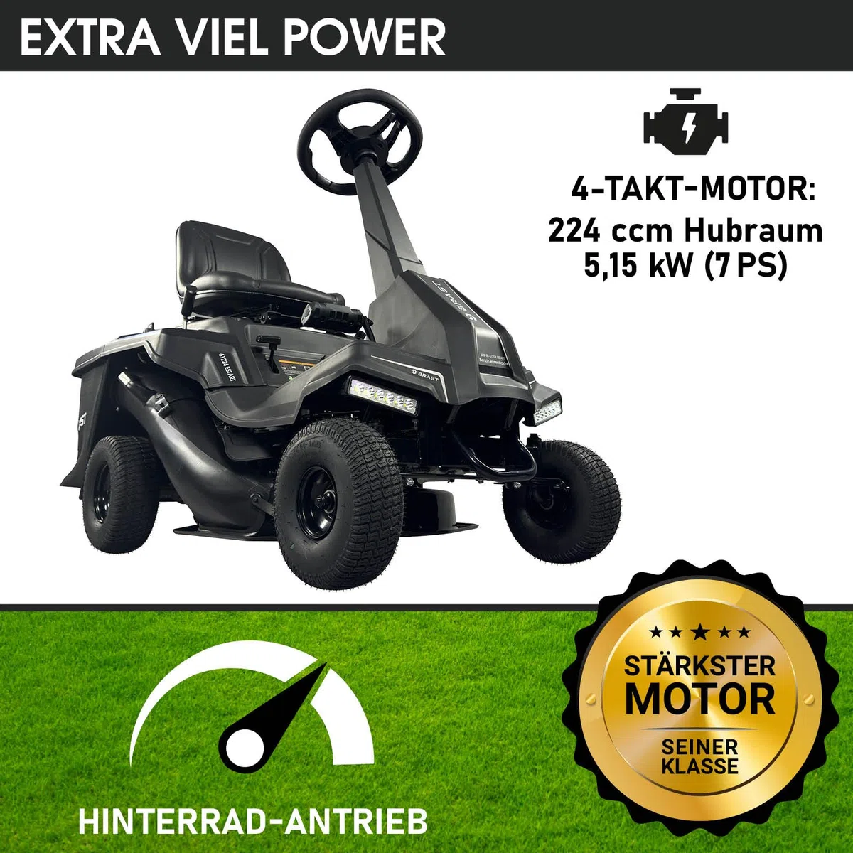 BRAST Benzin Rasentraktor Aufsitzmäher | 5,15kW(7PS) | Elektrostart | XXL Schnittbreite 61cm | TÜV geprüft | Variable Geschwindigkeit | 150L Fangkorb | für mittlere bis große Rasenflächen