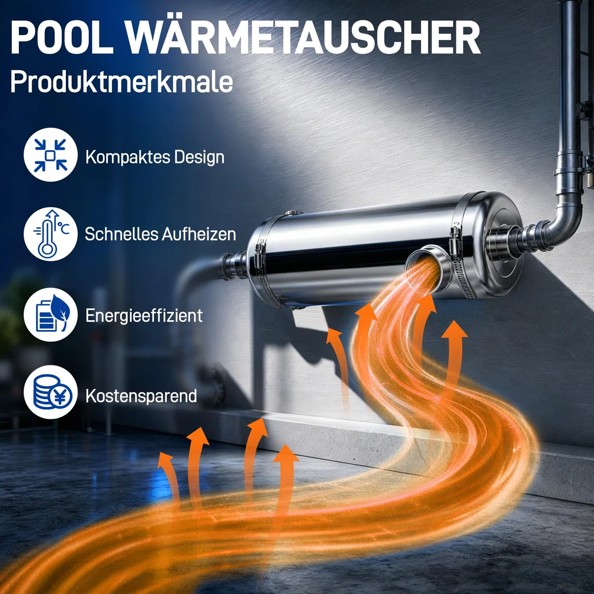 AufuN 60kW Pool Wärmetauscher Edelstahl Schwimmbad Heizung Wärmetauscher für Pool, Spa Whirlpool Hochleistungs Poolheizung ohne Strom 57 x 12 cm für Salz und Süßwasser