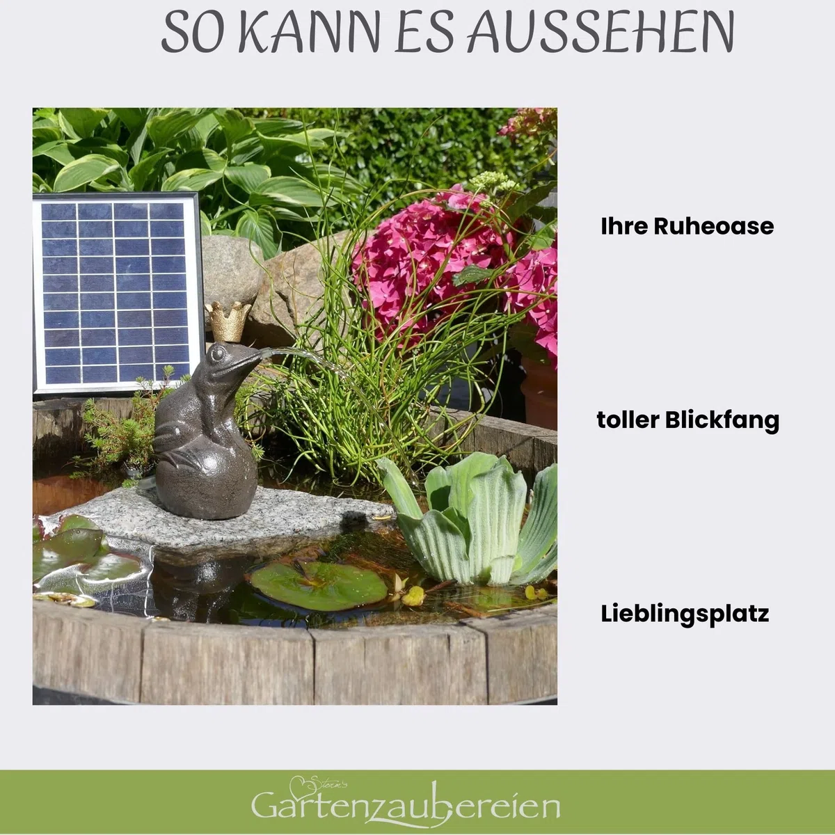Storm's Gartenzaubereien Wasserspeier Frosch aus Gusseisen mit Akku Solarpumpe 16cm Laufzeit ohne Sonne 4-5 Stunden