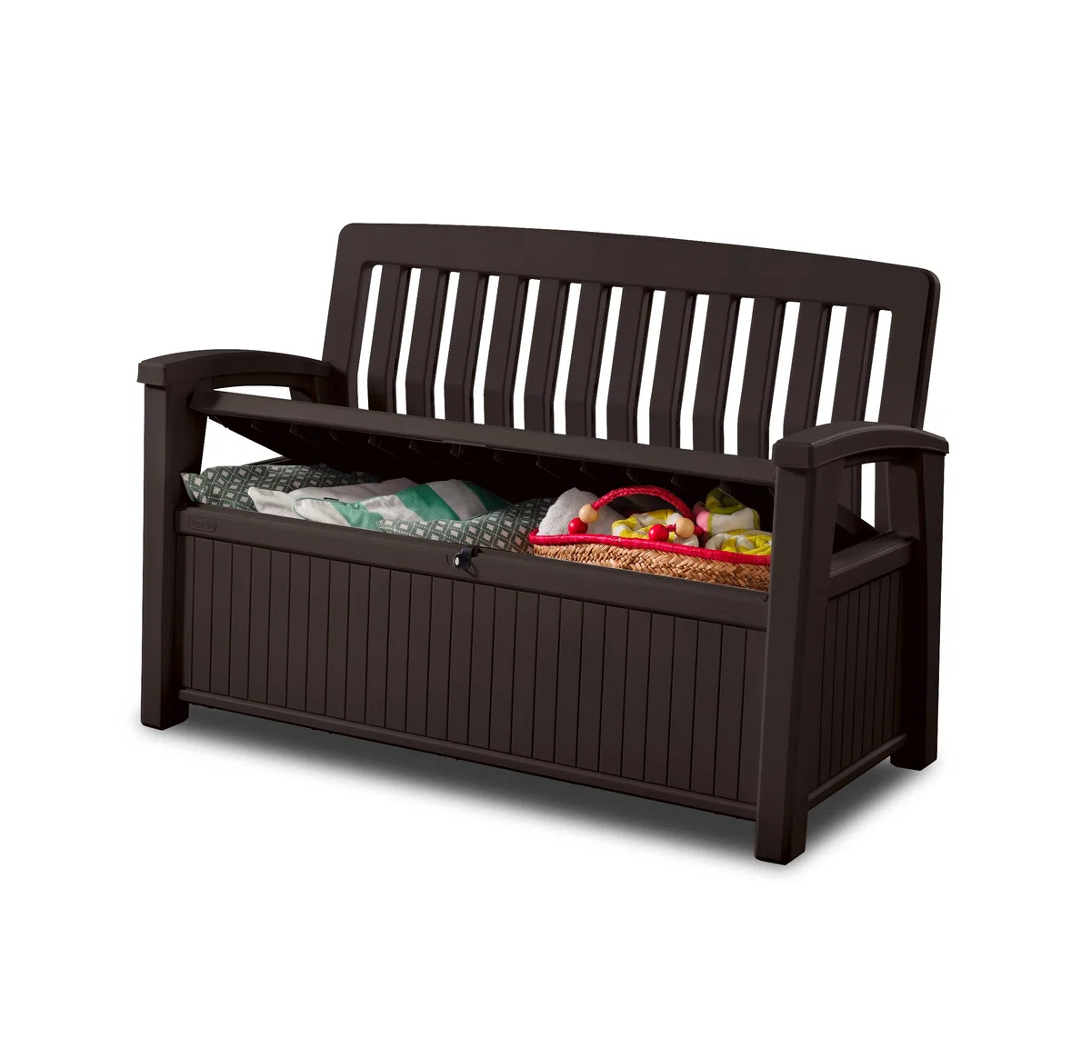 Keter Kissenbox, regenfest, Gartenkissenbox Patio Bank, Espresso braun, 138,6 x 63,5 x 88 cm, 227 L, Kissenbox wetterfest