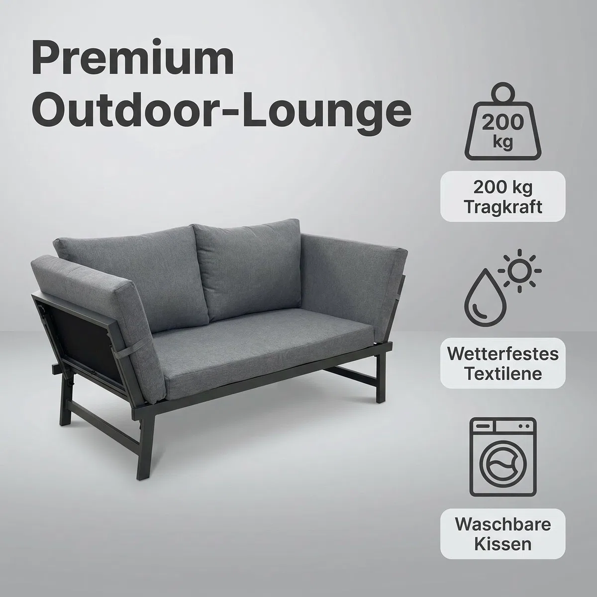 Klappbares 4 in1 Garten-Loungesofa mit Verstellbarer Rückenlehne und abtrennbarer Seitenliege, wetterfestes Stahl-Textilene-Gestell inklusive dickem Polyester-Kissen, geeignet für Terrasse