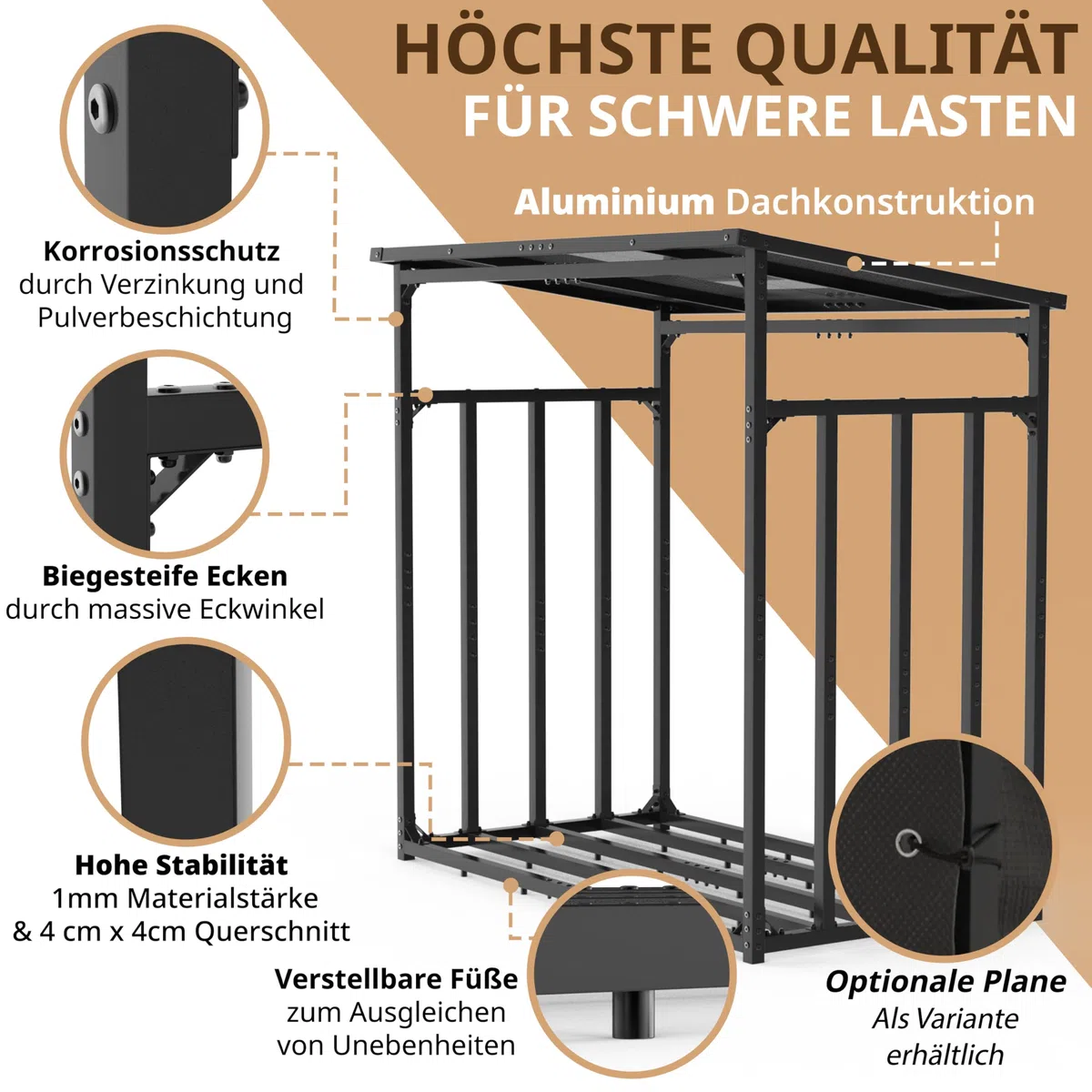 LAWA Kaminholzregal Metall mit Dach 185x105x185 verzinkt | 3,5t Tragfähigkeit, 1m tief, Brennholzregal außen, Stapelhilfe, Unterstand für Feuerholz, für 25cm Holzscheite
