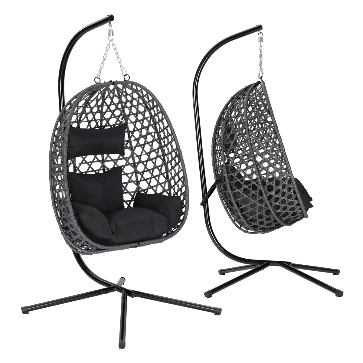 WOLTU Hängesessel mit Gestell, bis 150 kg belastbar, PE-Rattan Hängestuhl, mit Sitzkissen und Kopfstütze, für Indoor und Outdoor, Schwarz