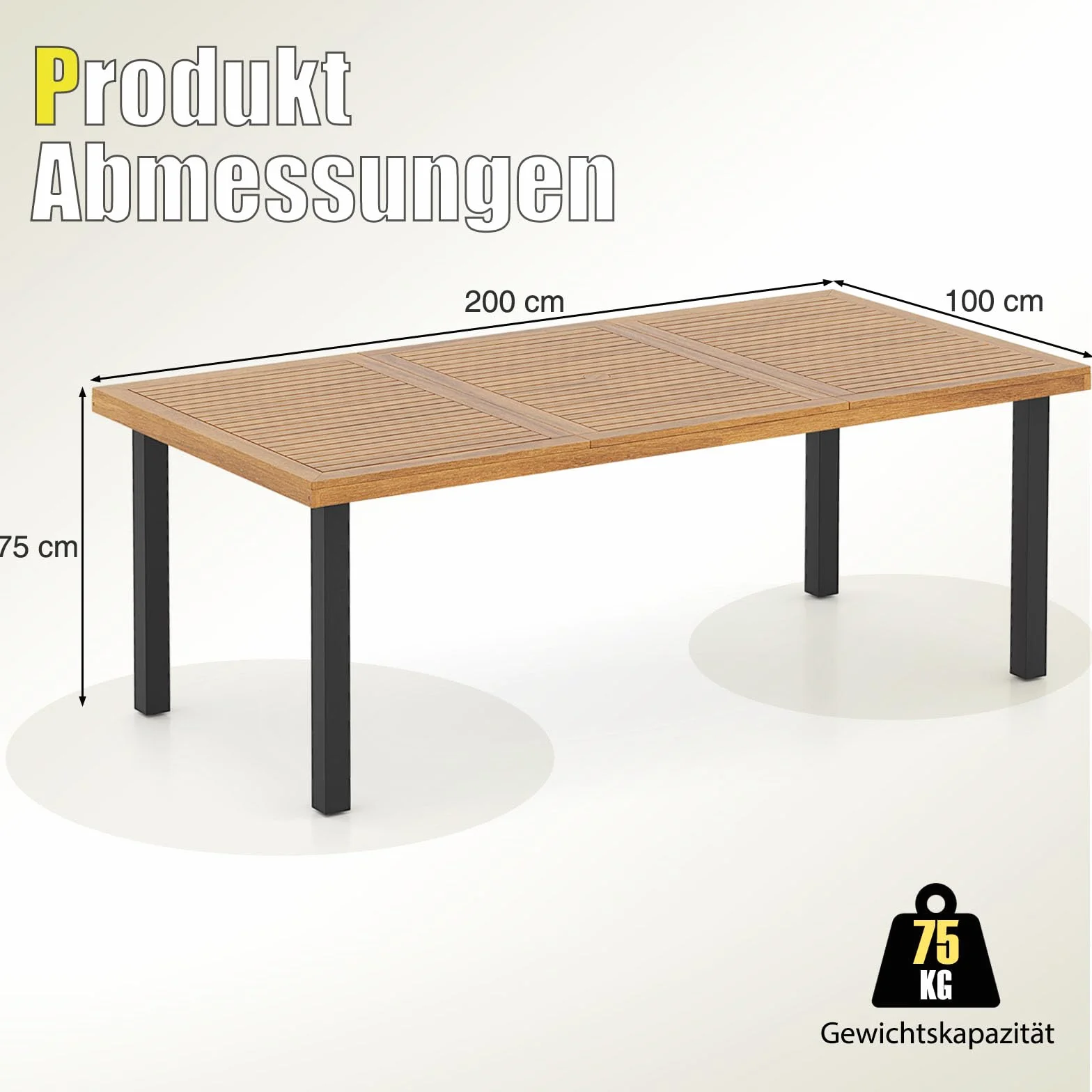COSTWAY Gartentisch mit Schirmloch, 200x100cm, großer Terrassentisch für 8 Personen, rechteckiger Balkontisch aus Akazienholz, Outdoor Esstisch für Garten, Terrasse