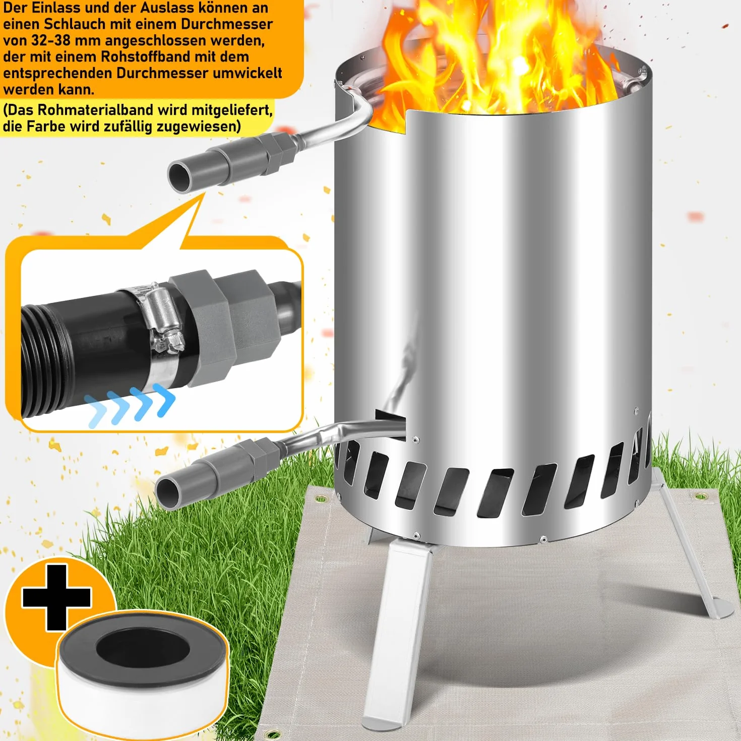 Fiqops Brennholz Poolheizung, Schwimmbadheizung mit Feuer,Edelstahl Poolheizung Feuertonne,Poolofen mit 32-38mm Anschlüsse,Outdoor Poolheizung Holz,mit Feuerfeste Matte und Tablett