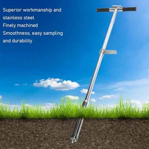 Bodenprobenehmer, 105cm Bodenprobe Sonde Edelstahl Bodensonden-Probenehmer mit Auswerfer-Fußpedal und T-Griff für Rasen Garten Bauernhof