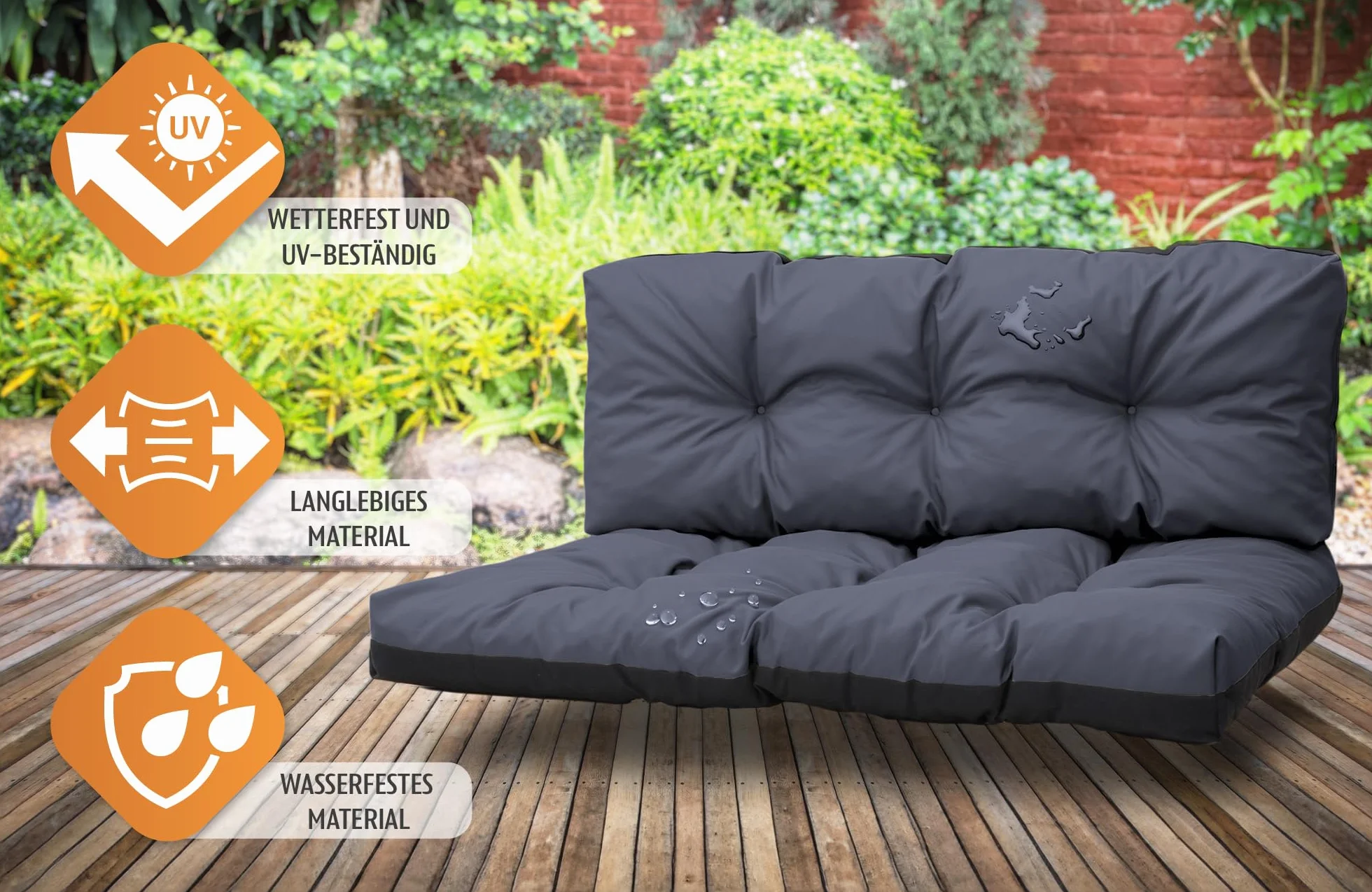 Amazinggirl Palettenkissen Outdoor Waschbar Set: 40x120 cm + 80x120 cm - Pallettensitzkissen Europaletten Sitzkissen Polster Graphit