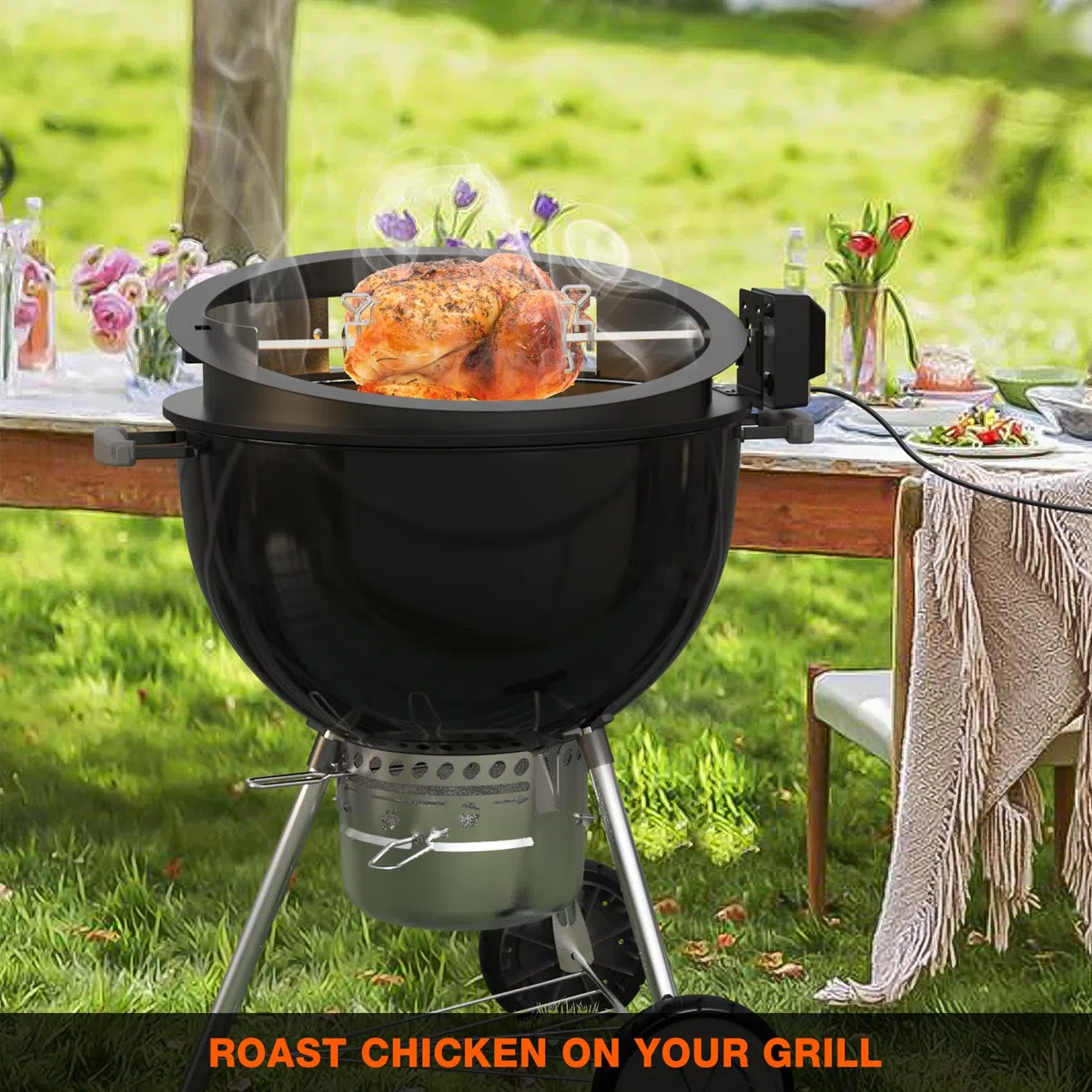 onlyfire PizzaRing Rotisserie Set für Weber 57 cm Kettle Holzkohlegrill, Grillspieß Set Drehspieß mit Motor, 38cm Pizzastein, Holzkohle-Ring, Pizzaeinsatz