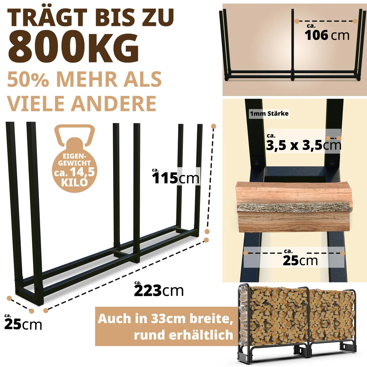 Kaminholzregal aussen Metall 223x25x115 | Stapelhilfe Brennholz VERZINKT 800kg Feuerholzregal für 25cm und 33cm Holz Kaminholzunterstand
