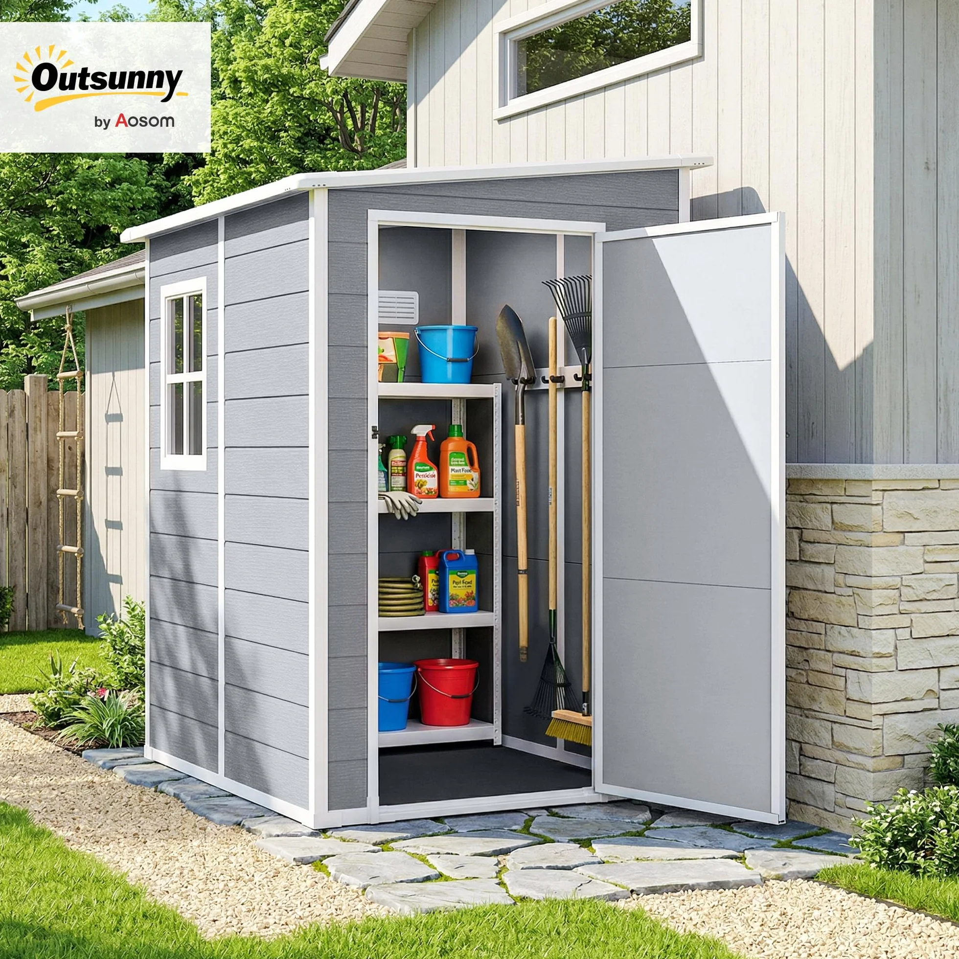 Outsunny Gerätehaus 1,54m³, Gartenhaus mit Pultdach, Boden 122 x 149 x 192/177 cm, wetterfest Geräteschuppen mit Abschließbar Tür, Fenster, Gartenschrank aus Kunststoff, für Hinterhof, Garten, Grau