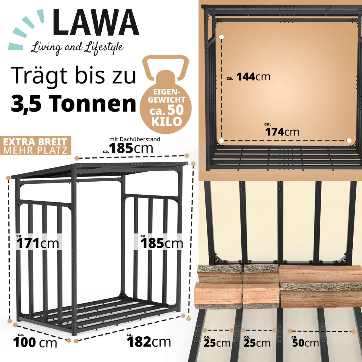 LAWA Kaminholzregal Metall mit Dach 185x105x185 verzinkt | 3,5t Tragfähigkeit, 1m tief, Brennholzregal außen, Stapelhilfe, Unterstand für Feuerholz, für 25cm Holzscheite