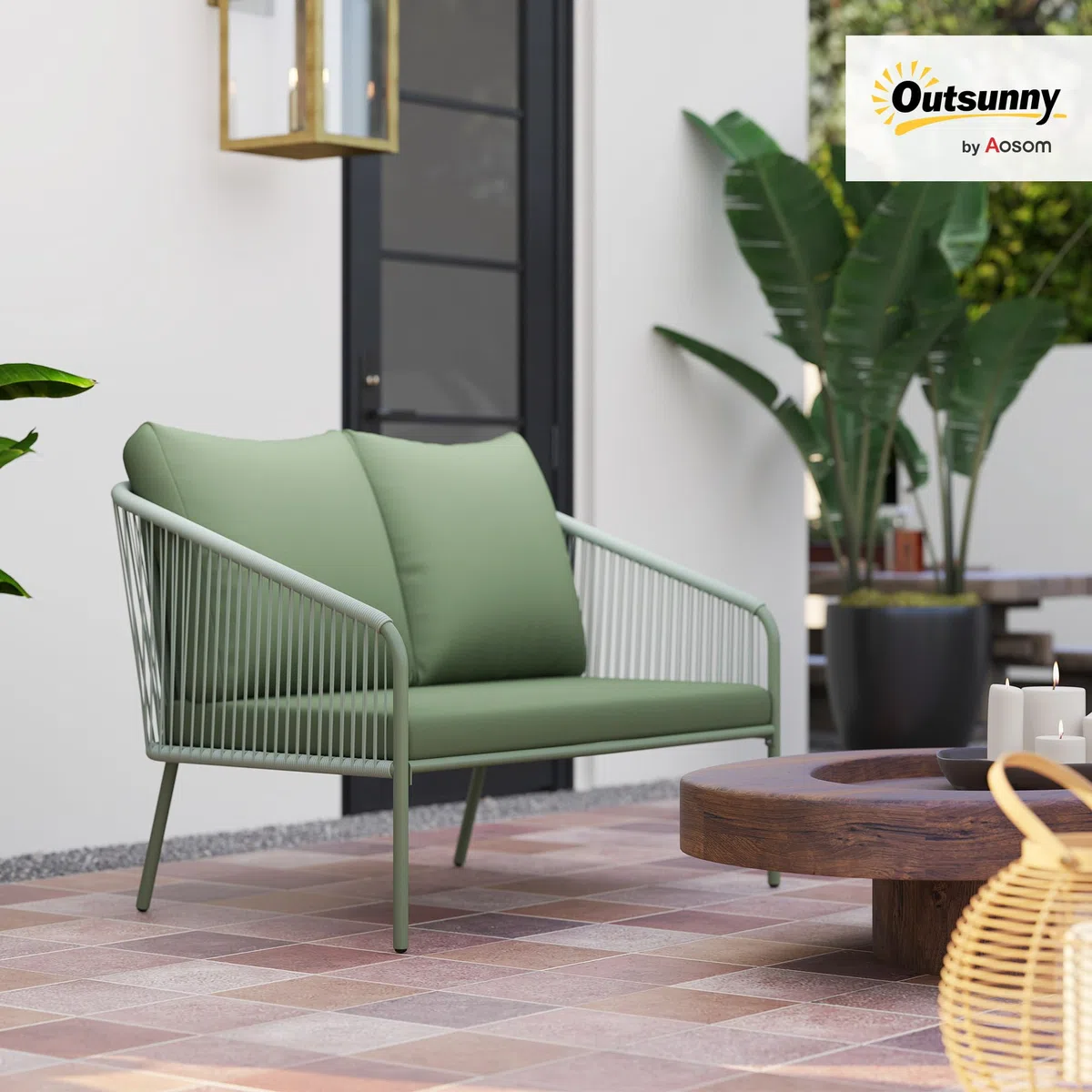 Outsunny Gartensofa 2-Sitzer Rattansofa mit Kissen Loungesofa Sitzgruppe, Wetterfest Couch für Garten Terrasse Balkon, Poly Rattan Grün